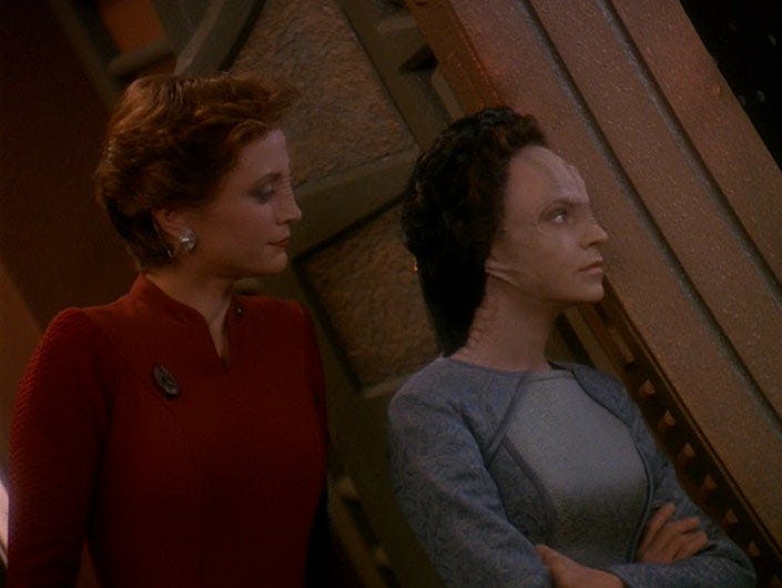 Kira Nerys and Tora Ziyal look at a window in Star Trek: Deep Space Nine - 'Return to Grace'