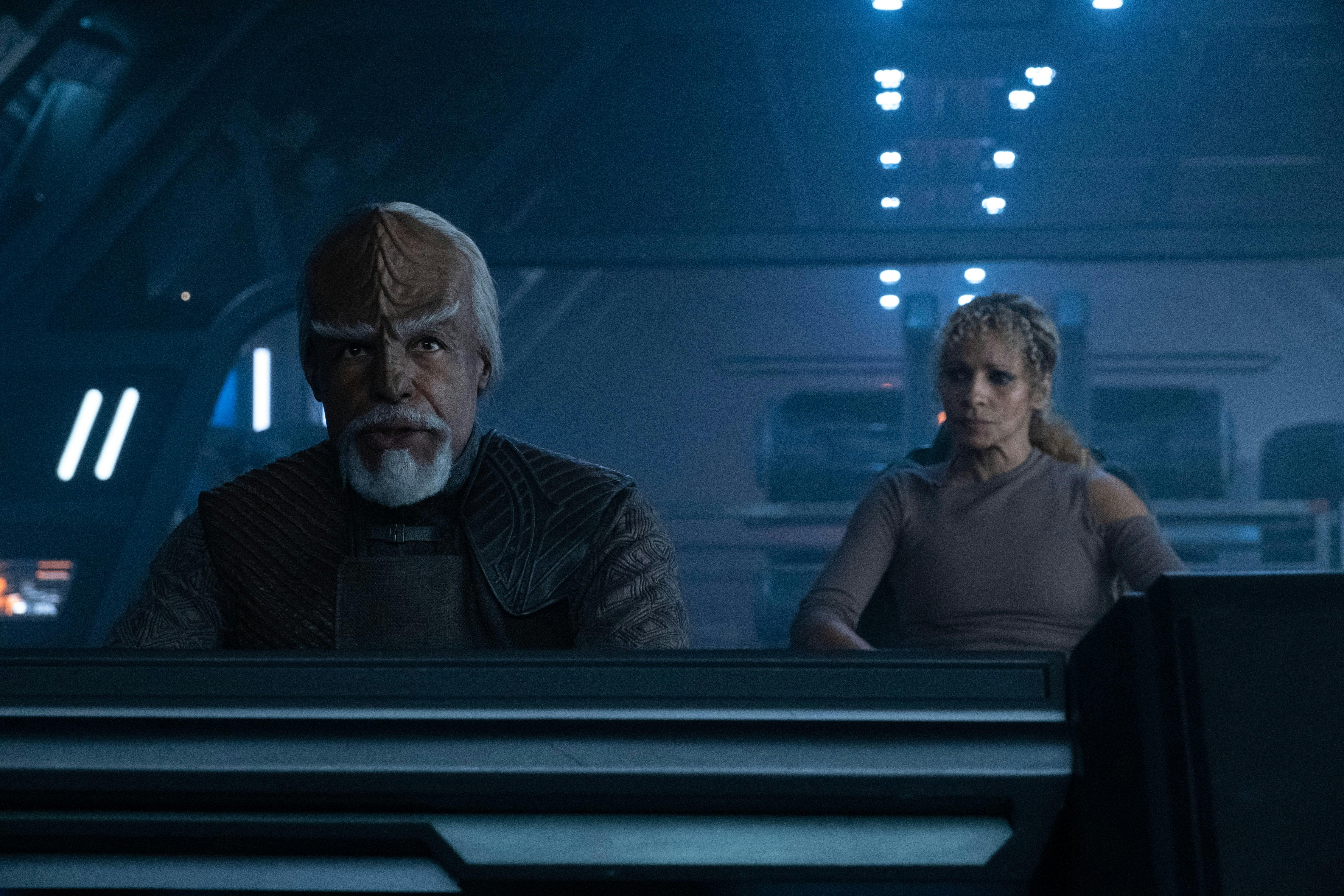 Worf and Raffi sit at command on La Sirena on Star Trek: Picard