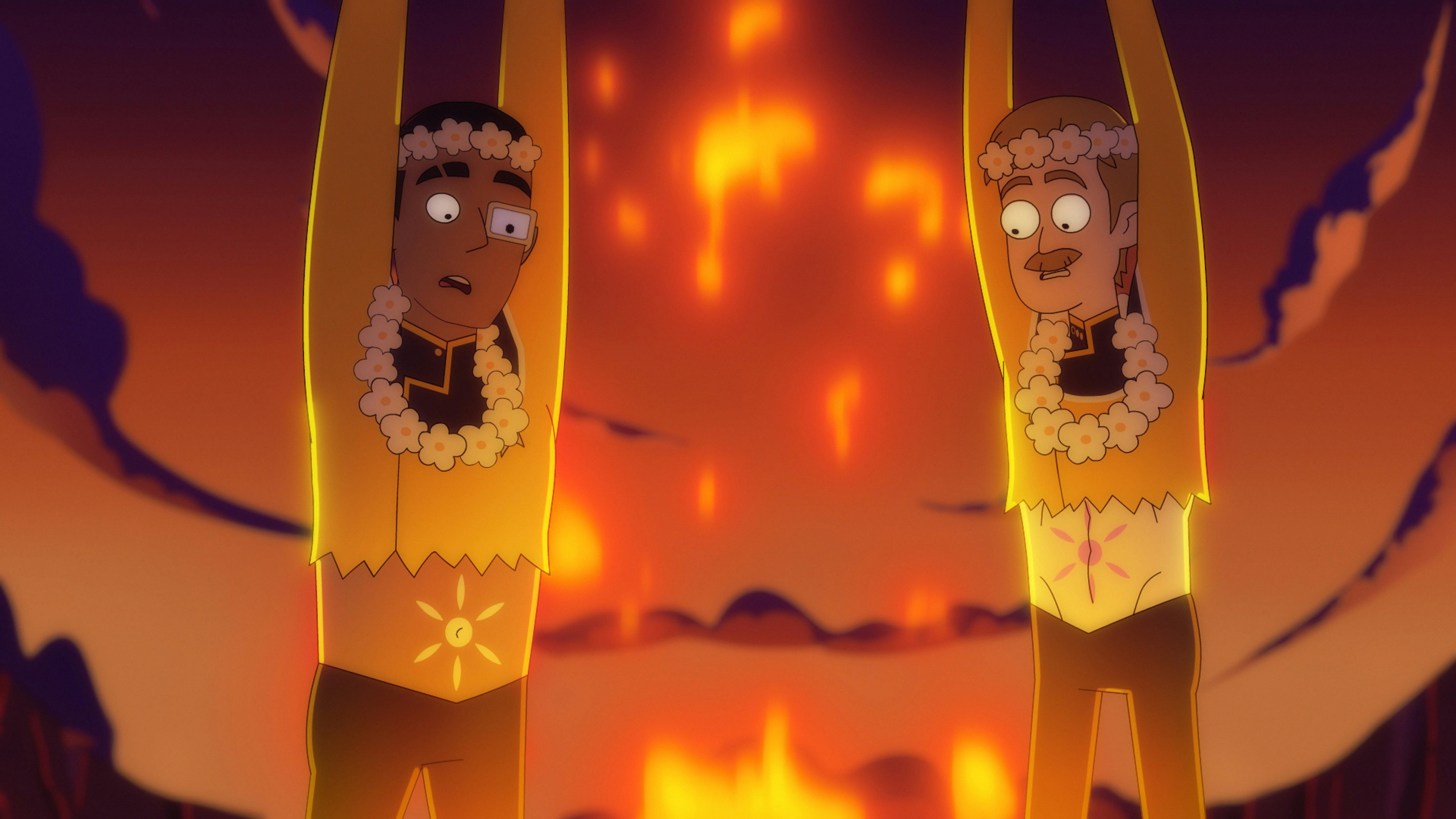 Rutherford and Lt. Billups are nearly sacrificed over a volcano.