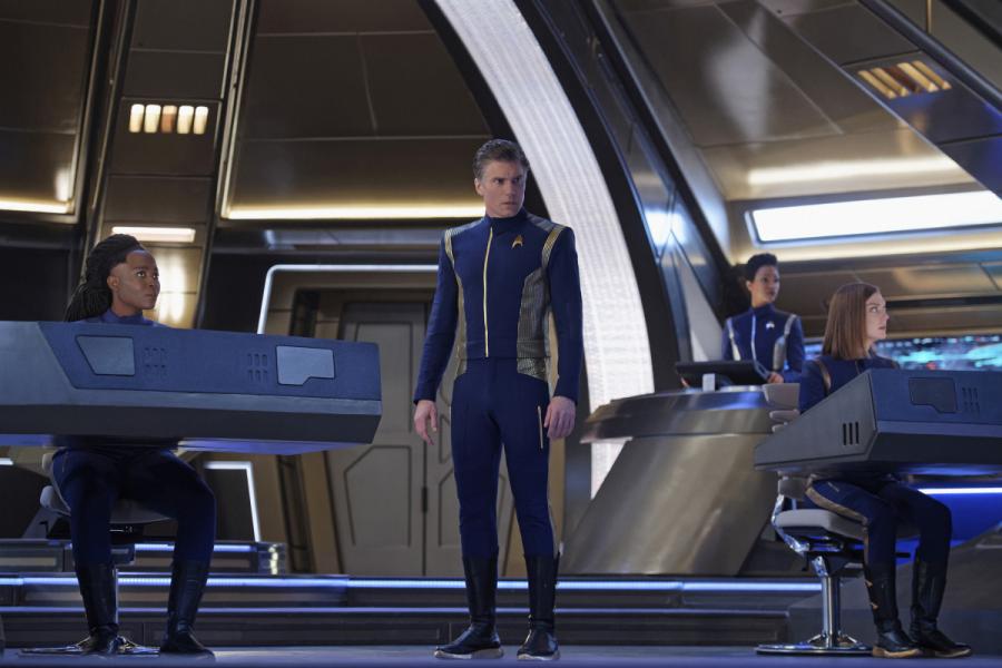 Oyin Oladejo as Joann Owosekun; Anson Mount as Captain Pike; Sonequa Martin-Green as Burnham; Emily Coutts as Keyla Detmer 