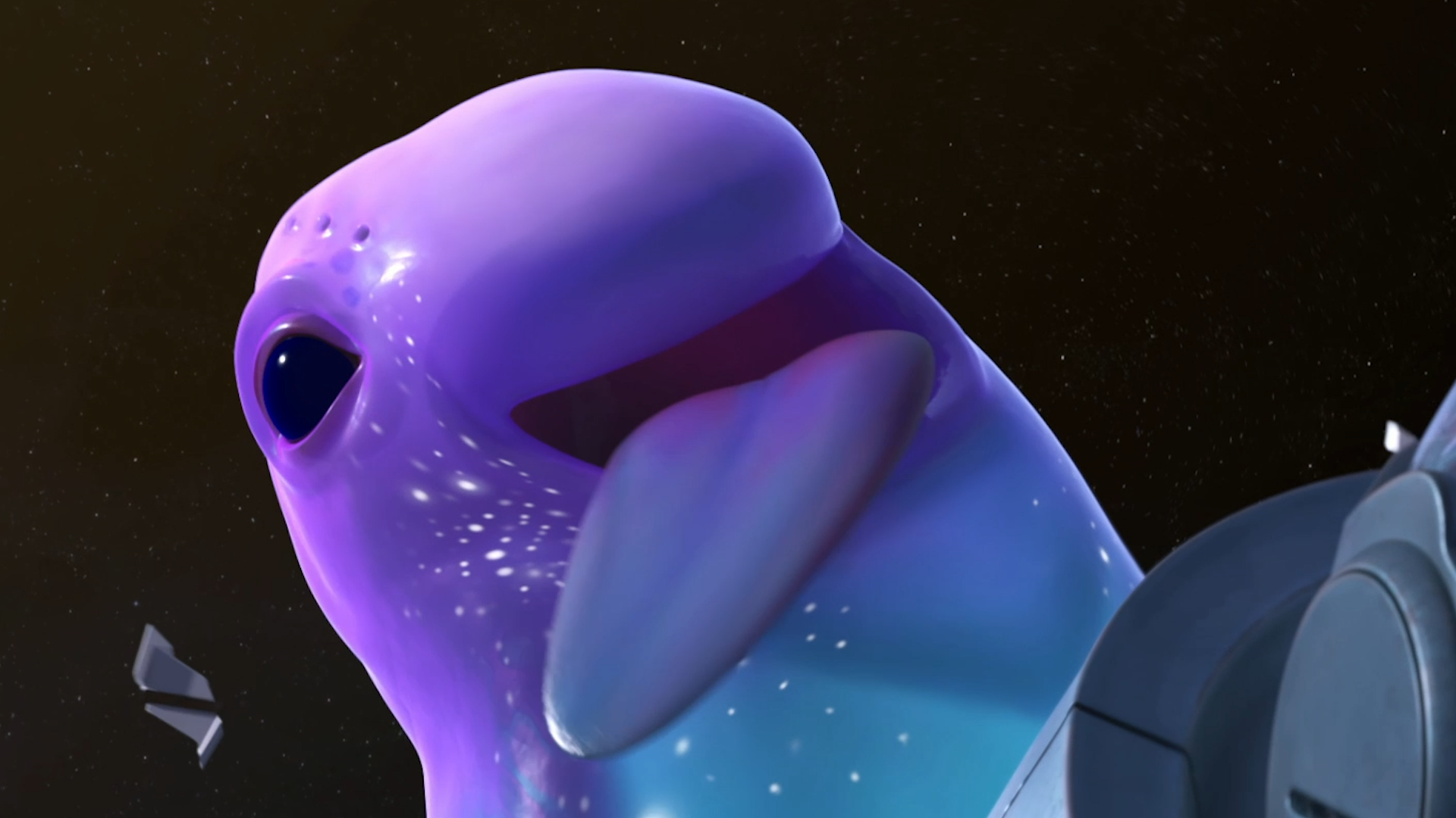 Murf floats in space with his tongue hanging out in Star Trek: Prodigy