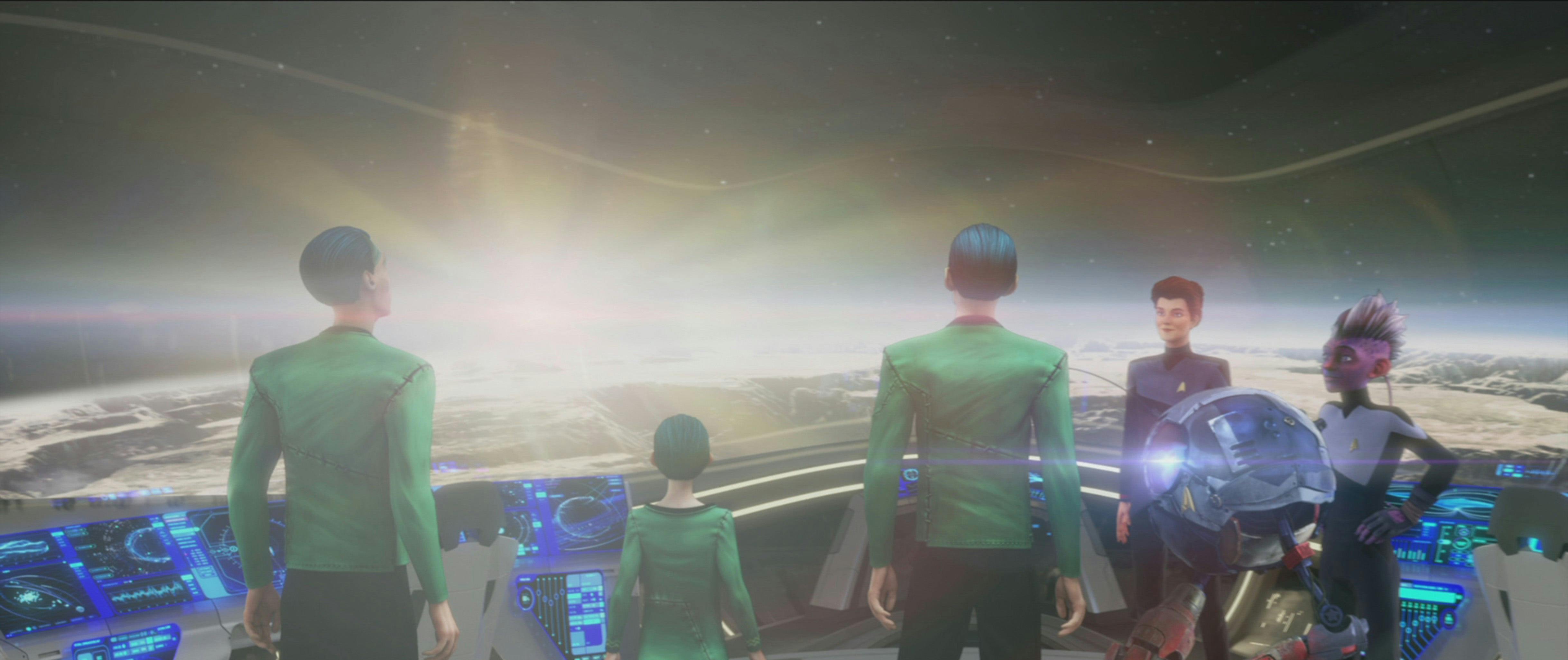 On the Protostar, Holo-Janeway, Zero, and Dal look over three Enderprizians who look over their planet from above on Star Trek: Prodigy