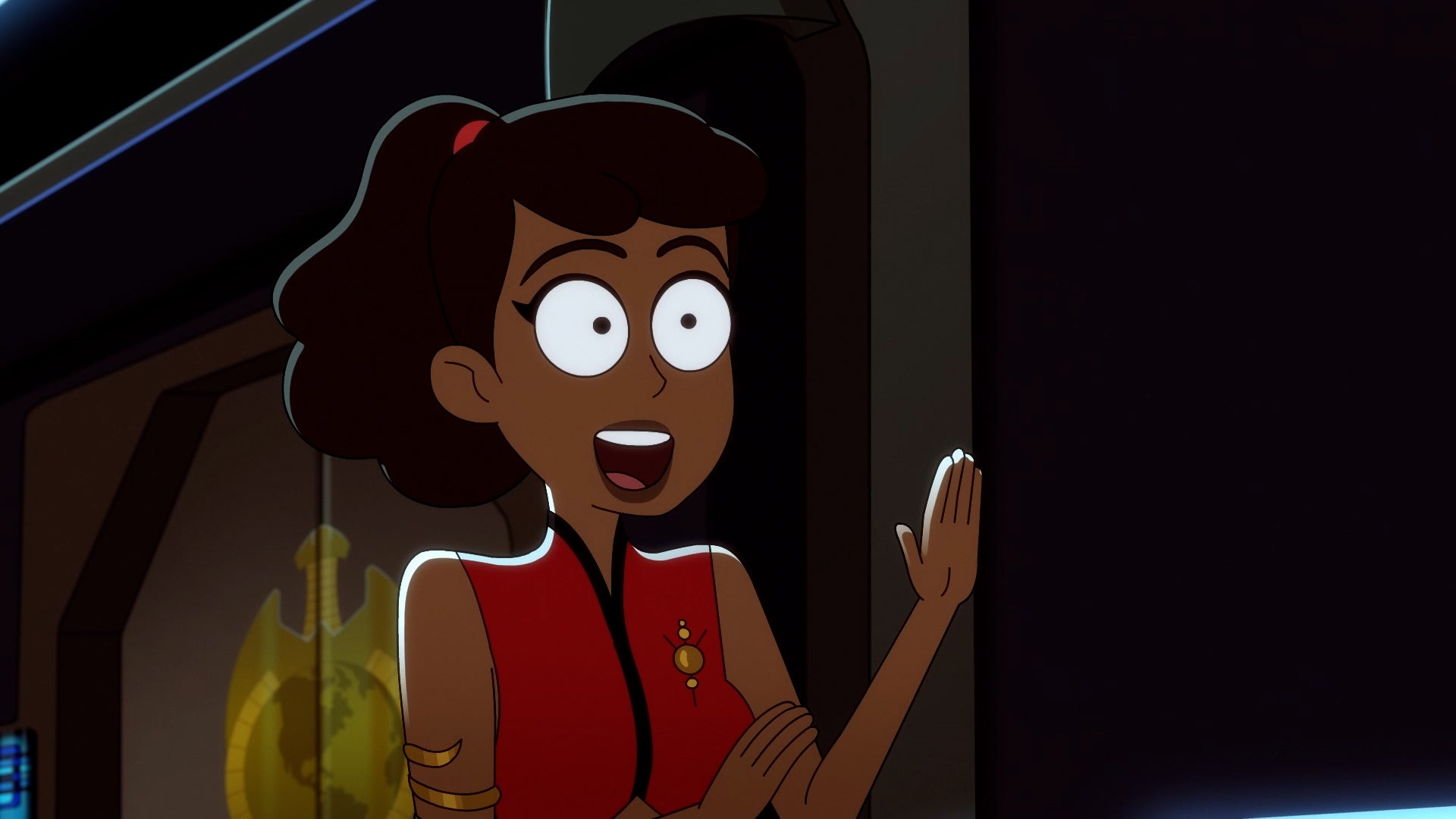 Mariner attempts to salute in this still from Star Trek: Lower Decks season two, episode eight