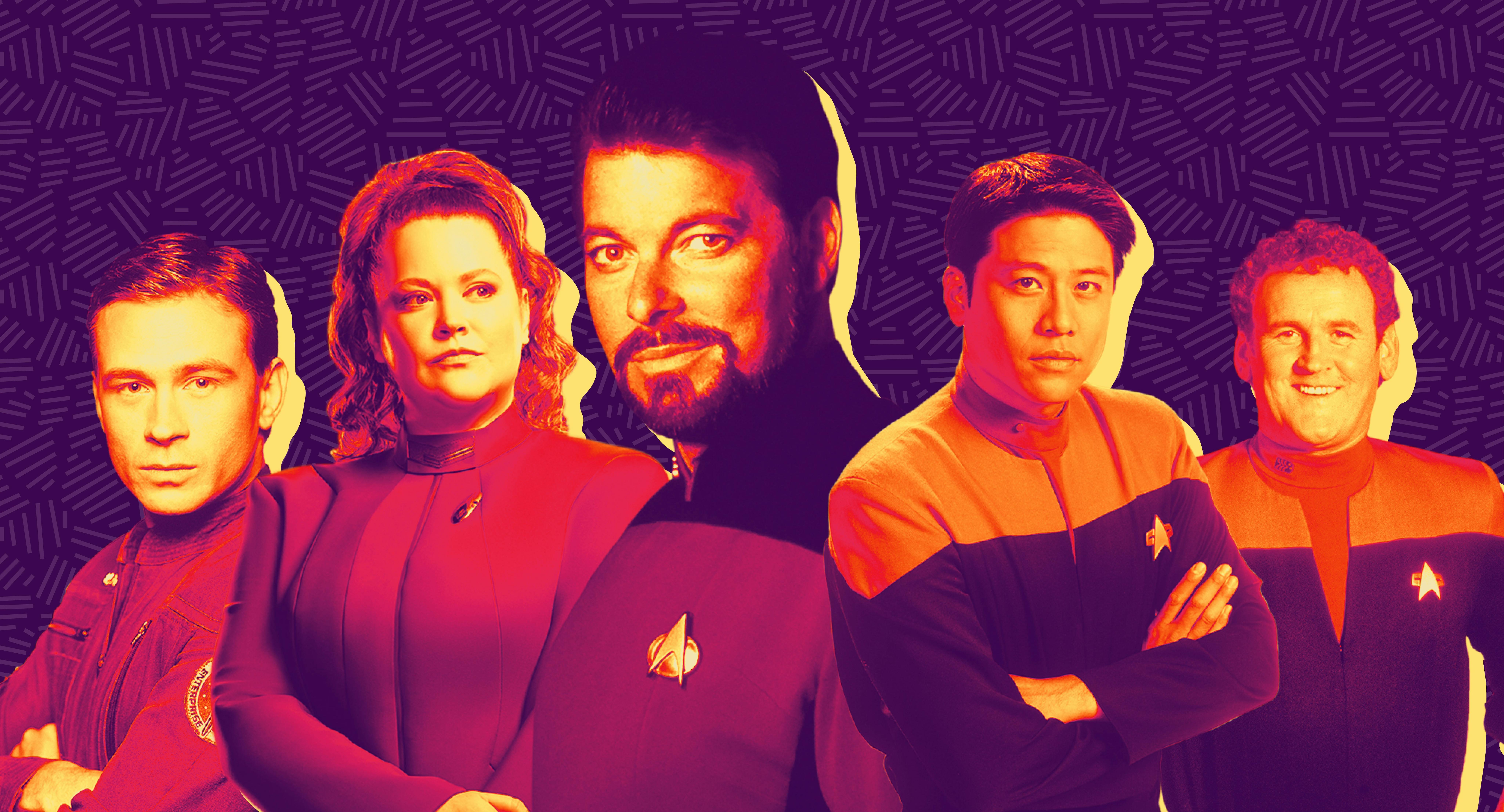 Photos of Trip, Tilly, Riker, Harry Kim, and O'Brien are against a purple background.