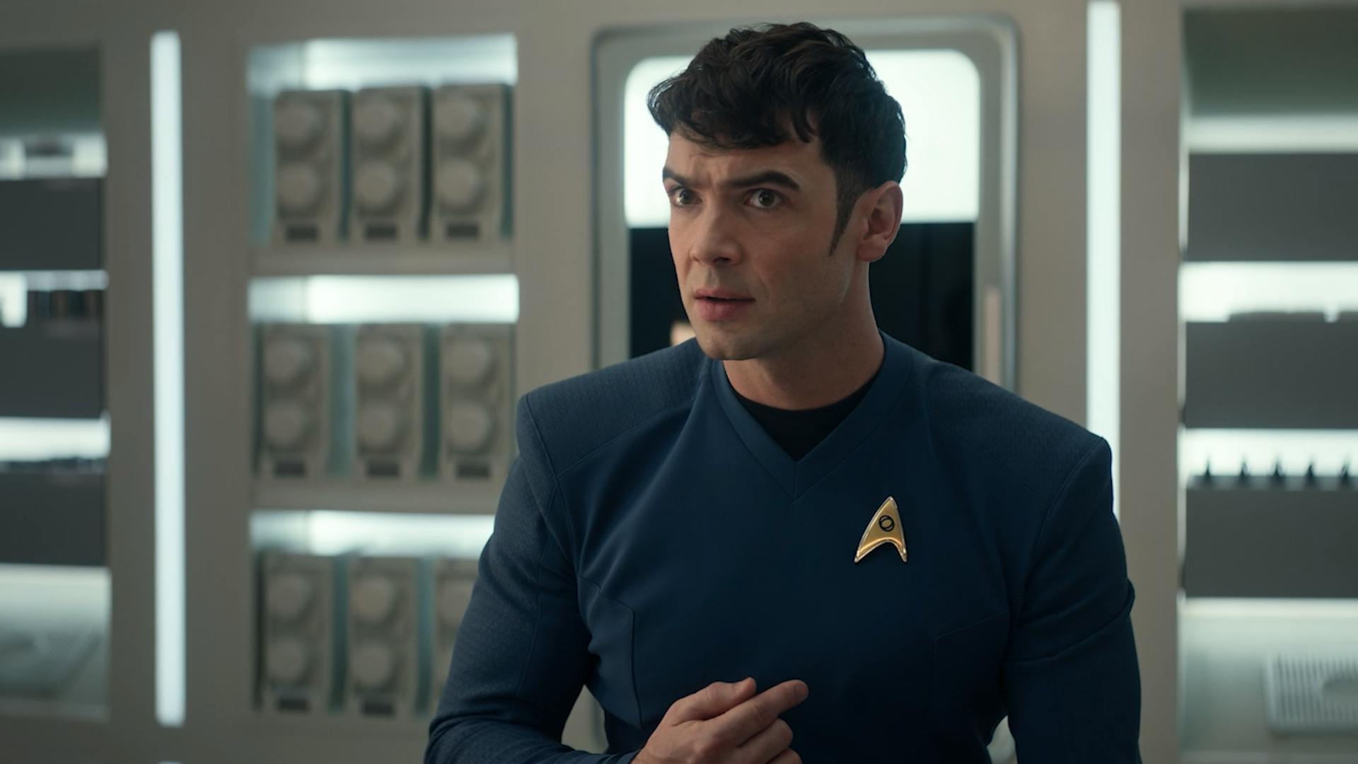 In Sickbay, a human Spock points at himself in 'Charades'
