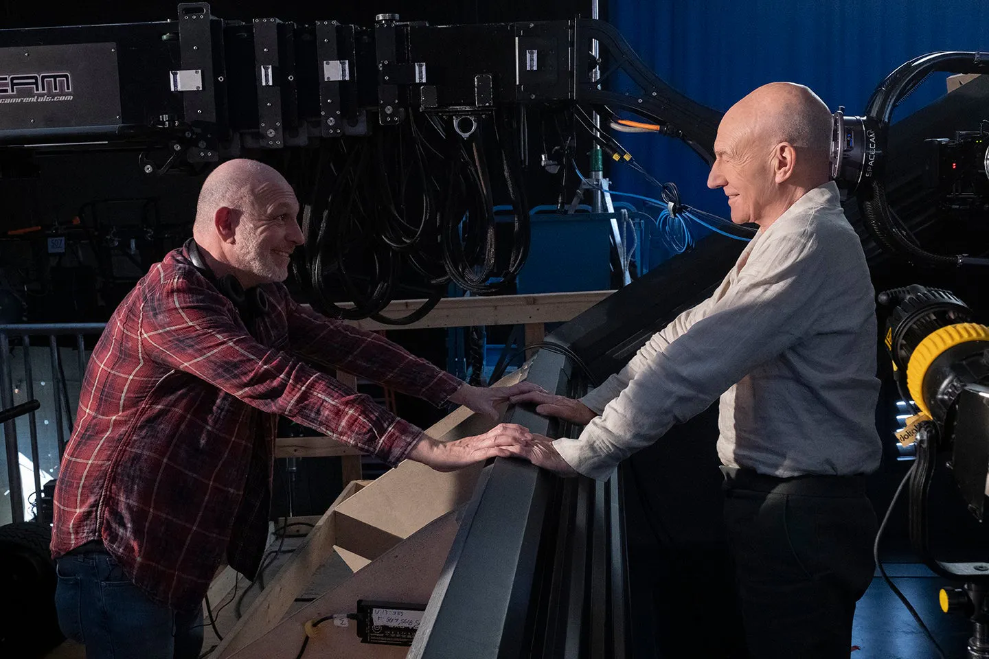 Patrick Stewart with camera crew behind the scenes Star Trek