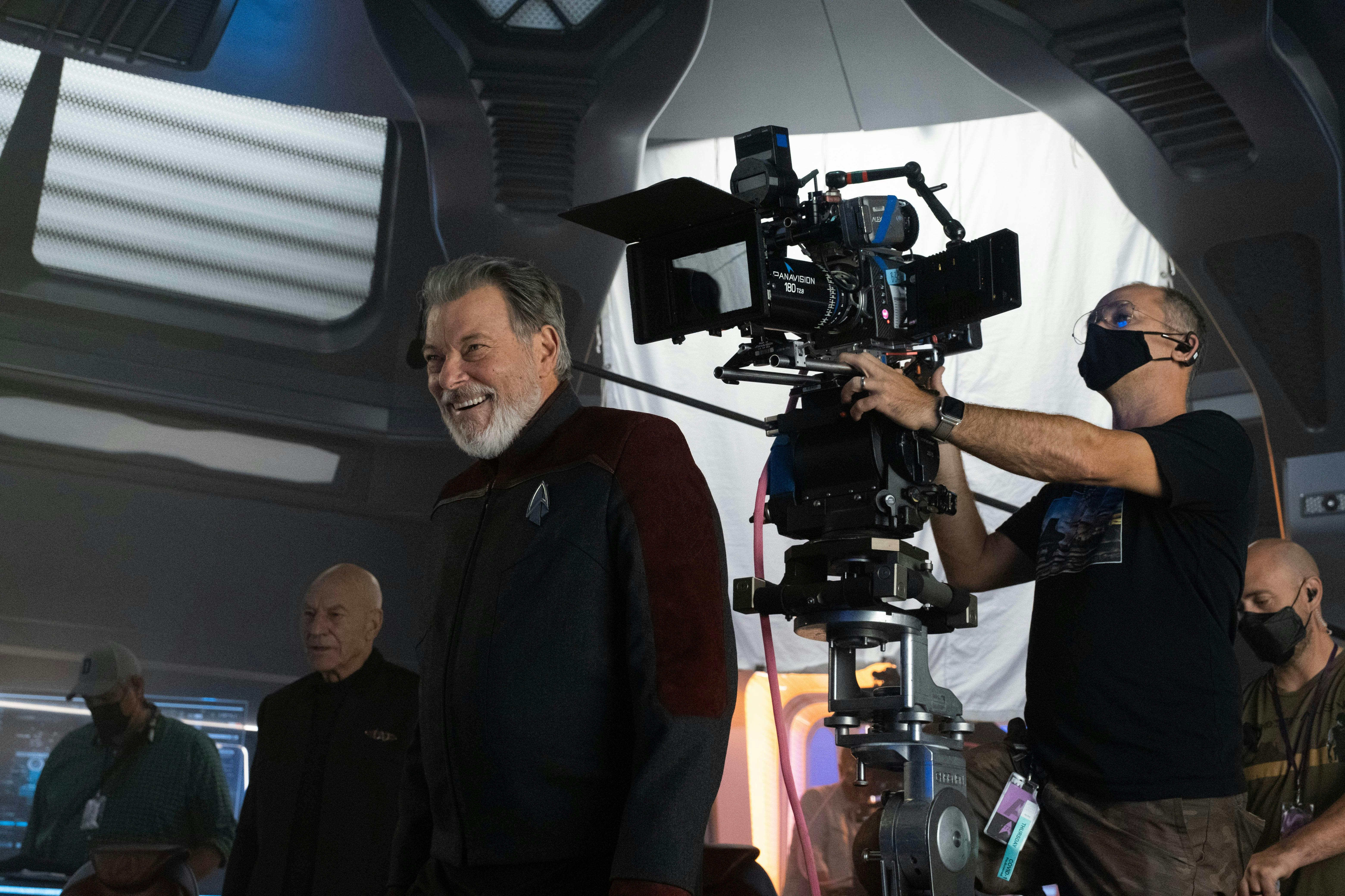 Star Trek: Picard BTS still - Jonathan Frakes while filming on the Titan bridge
