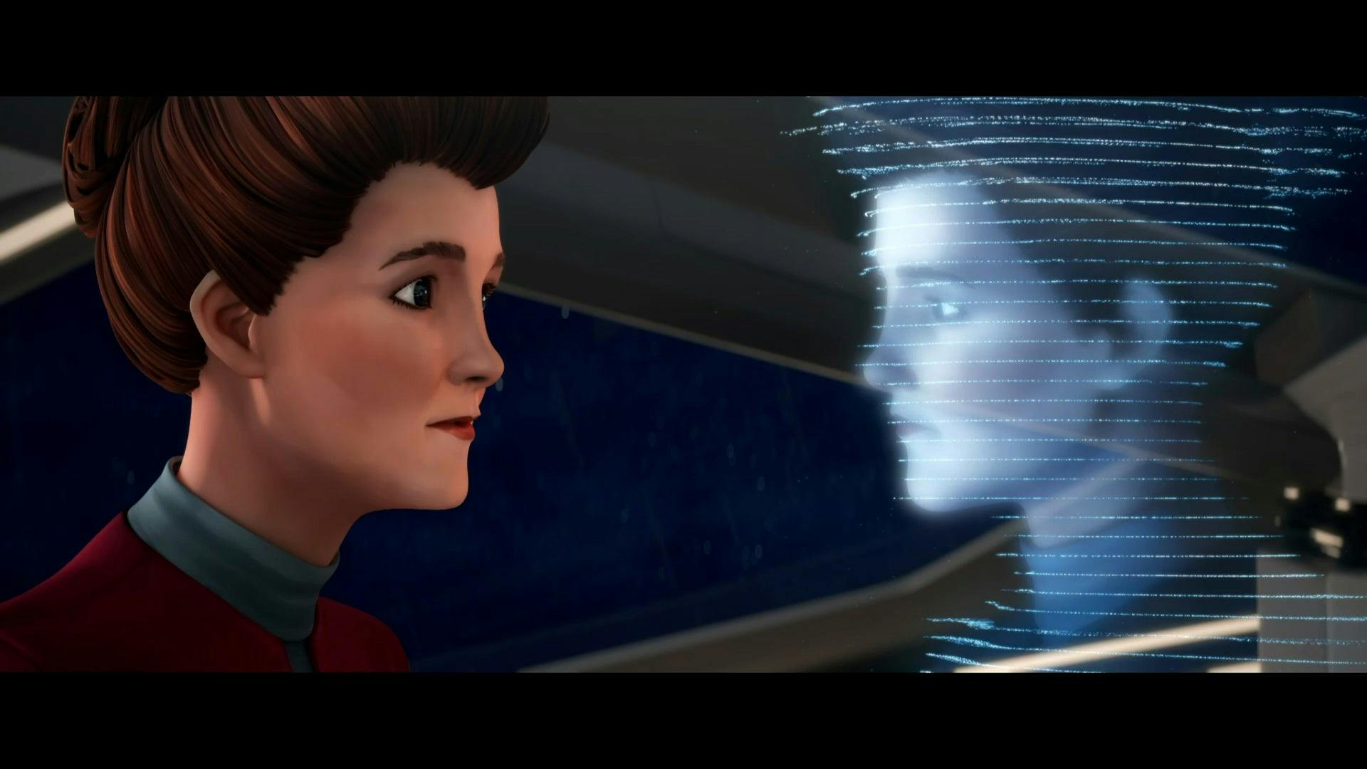 Hologram Janeway looks at a recording of herself in Star Trek: Prodigy