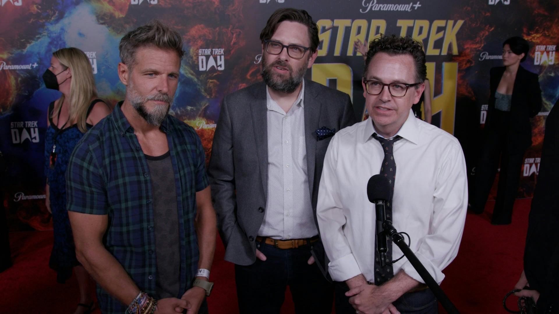 Director Ben Hibon and creators Dan and Kevin Hageman on the red carpet for Star Trek Day 2021.