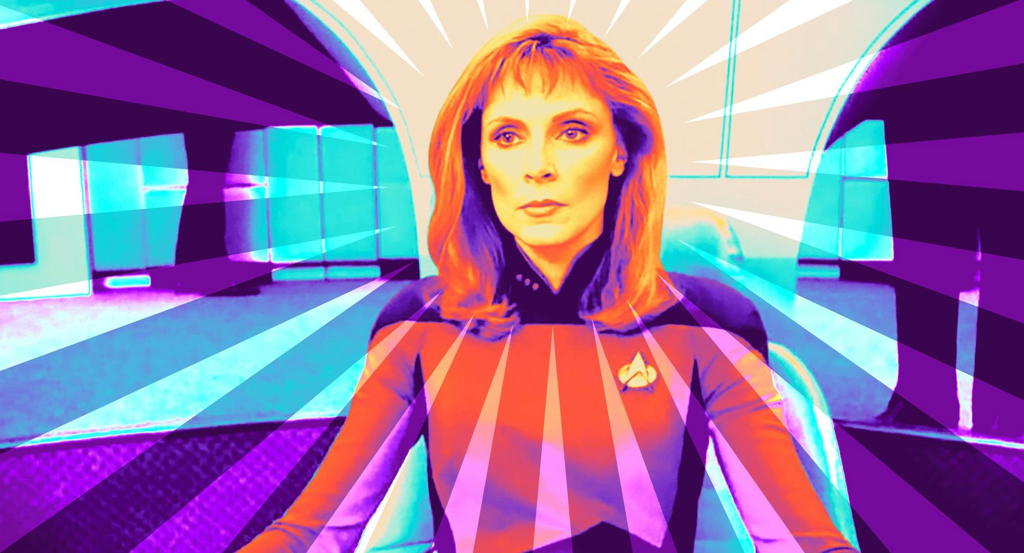 Illustrated banner featuring Dr. Beverly Crusher at command of the Enterprise
