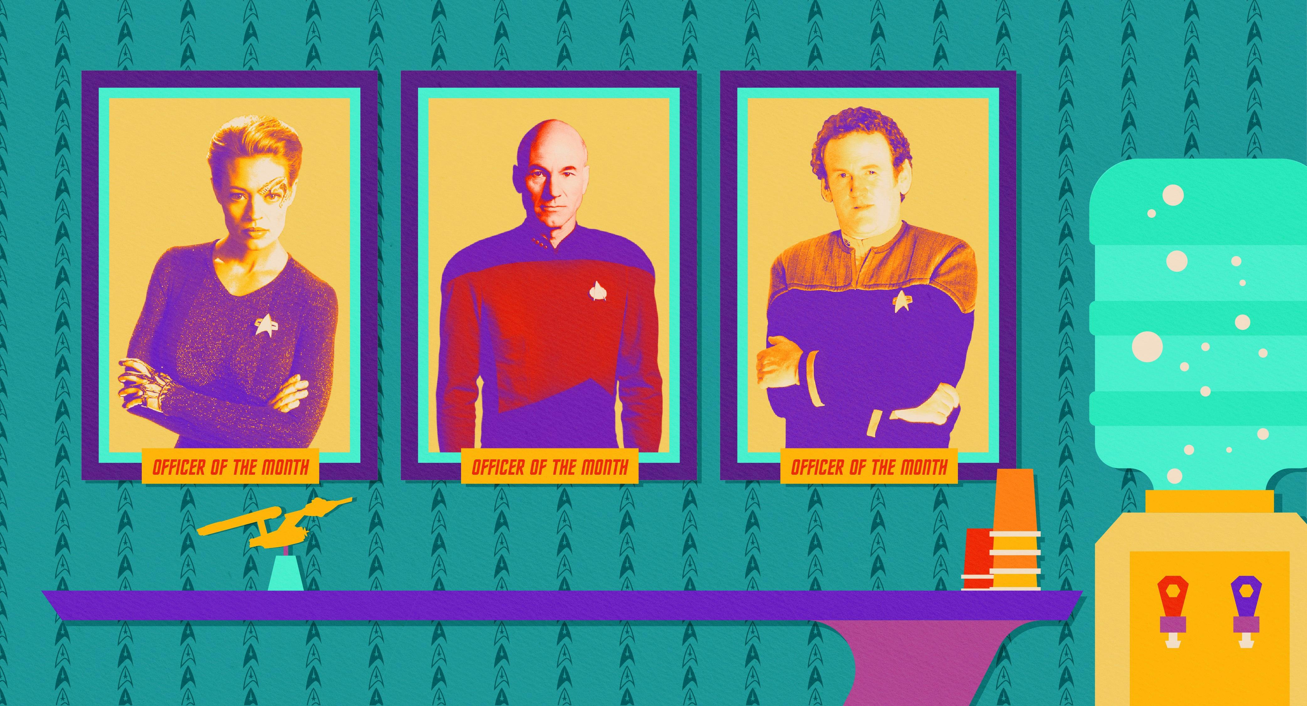 Illustrated banner of an office with a starship model and water cooler. On the wall hang 3 officer of the month portraits - Voyager's Seven of Nine, Enterprise's Jean-Luc Picard, and Deep Space Nine's Miles O'Brien
