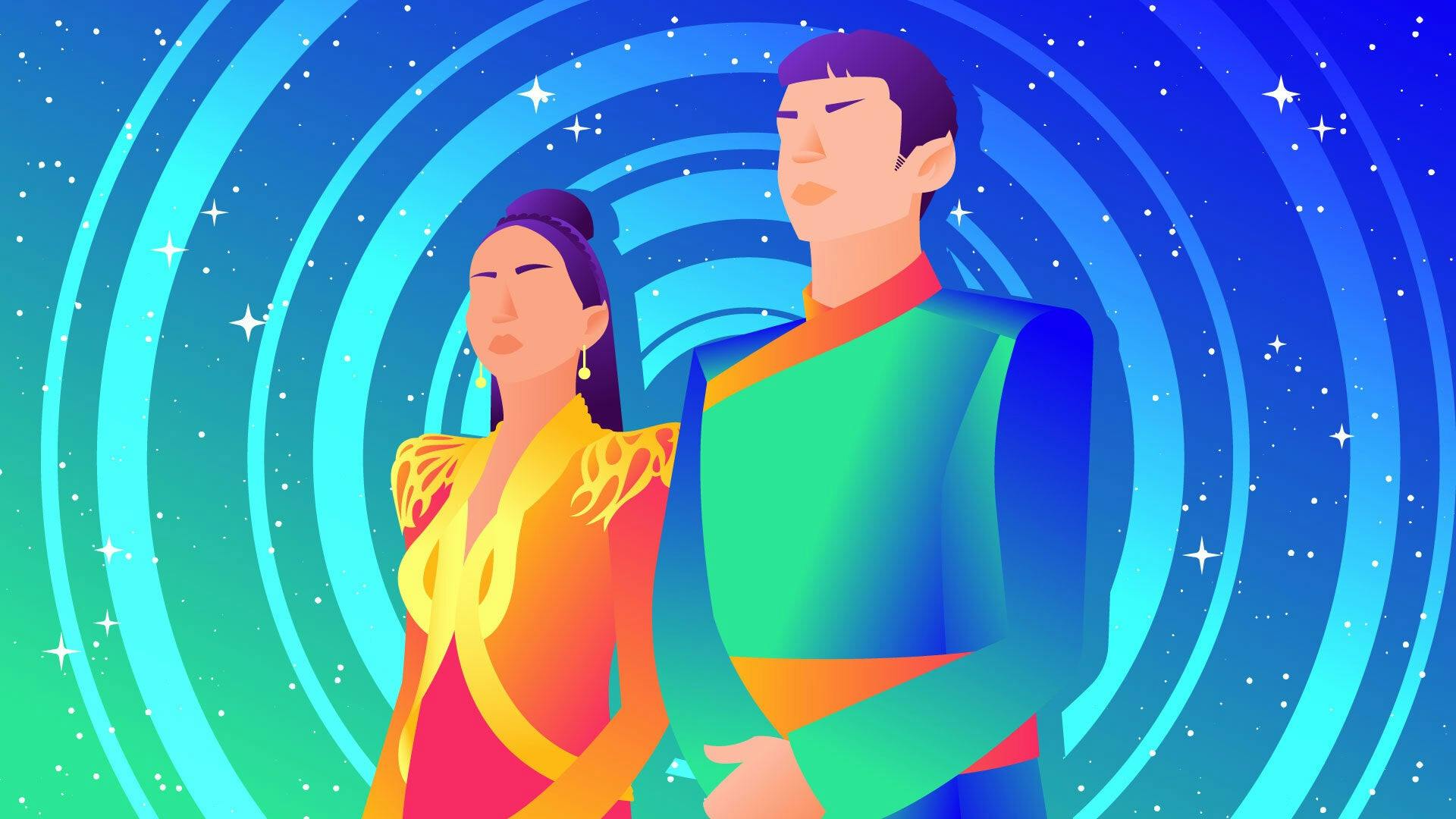 Illustrated banner of T'Pring and Spock standing side-by-side ahead of their Vulcan wedding ritual