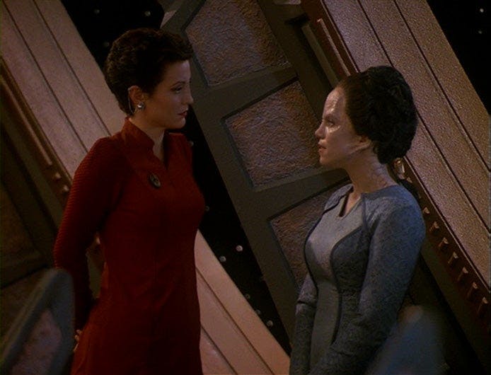 Kira Nerys speaks to Ziyal about her father's actions on the Promenade on Star Trek: Deep Space Nine