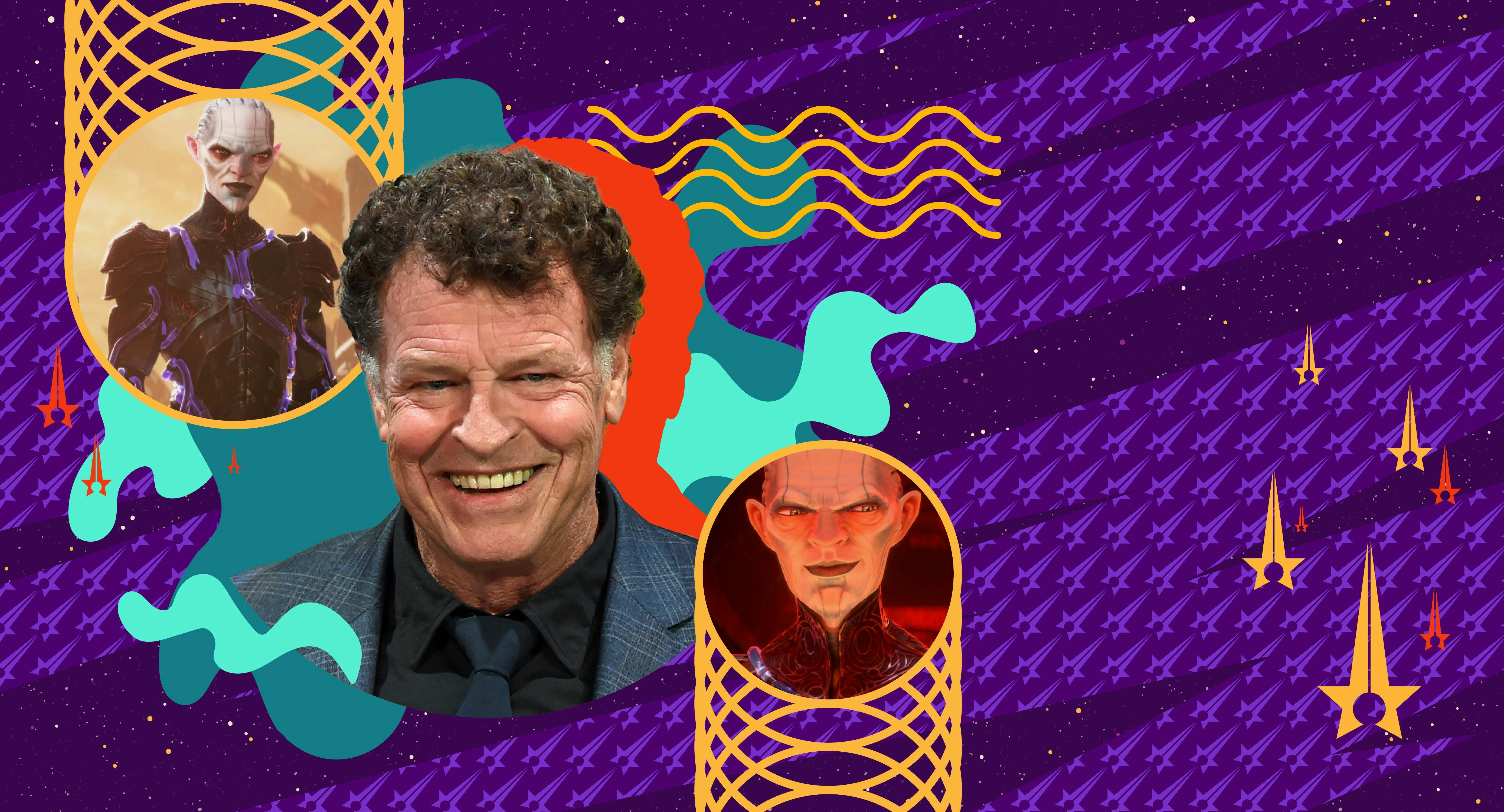 Illustrated banner of John Noble and his Star Trek: Prodigy character The Diviner