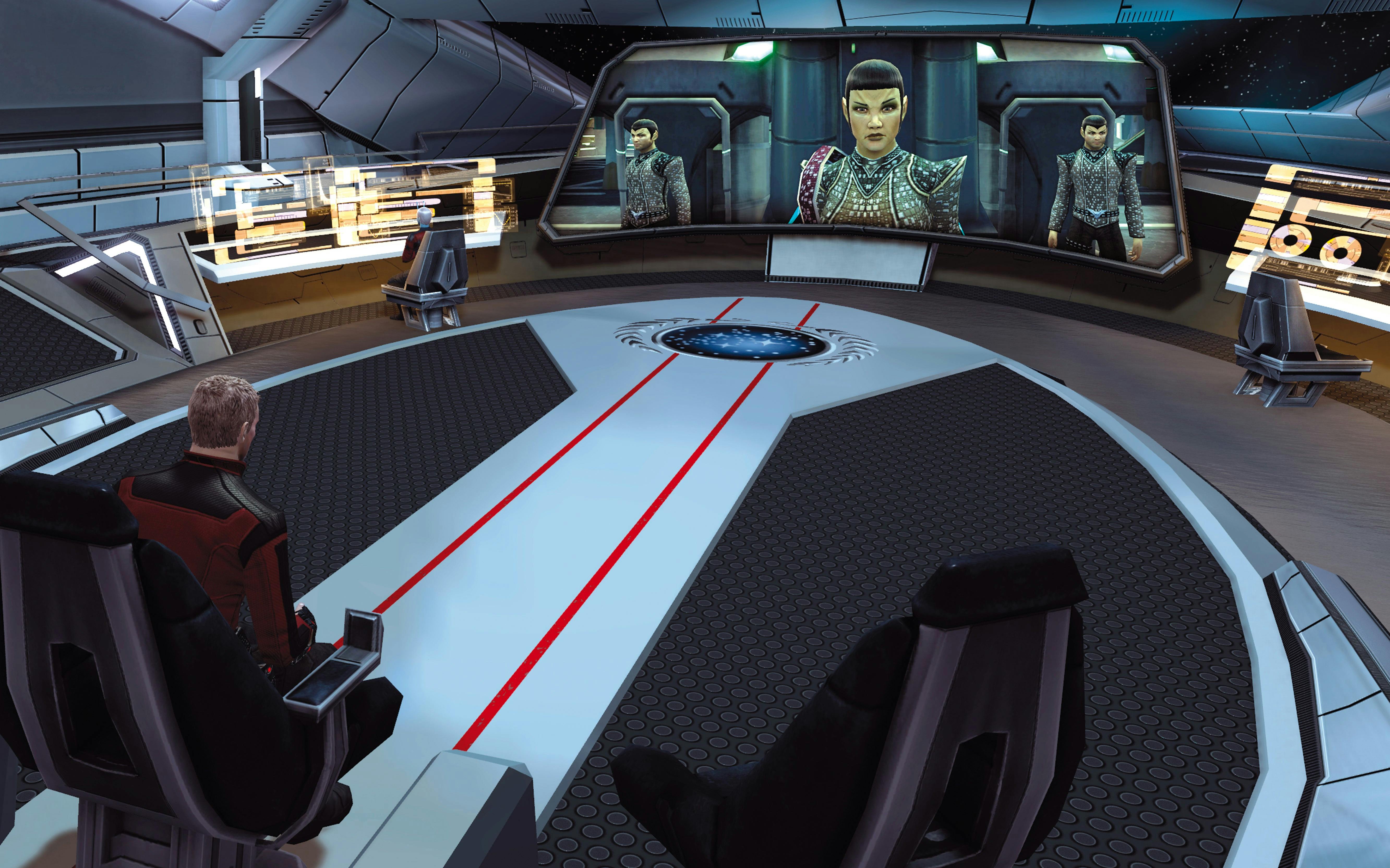 Commander Winters with his back to us looks at the 3 Romulans on the Enterprise’s viewscreen