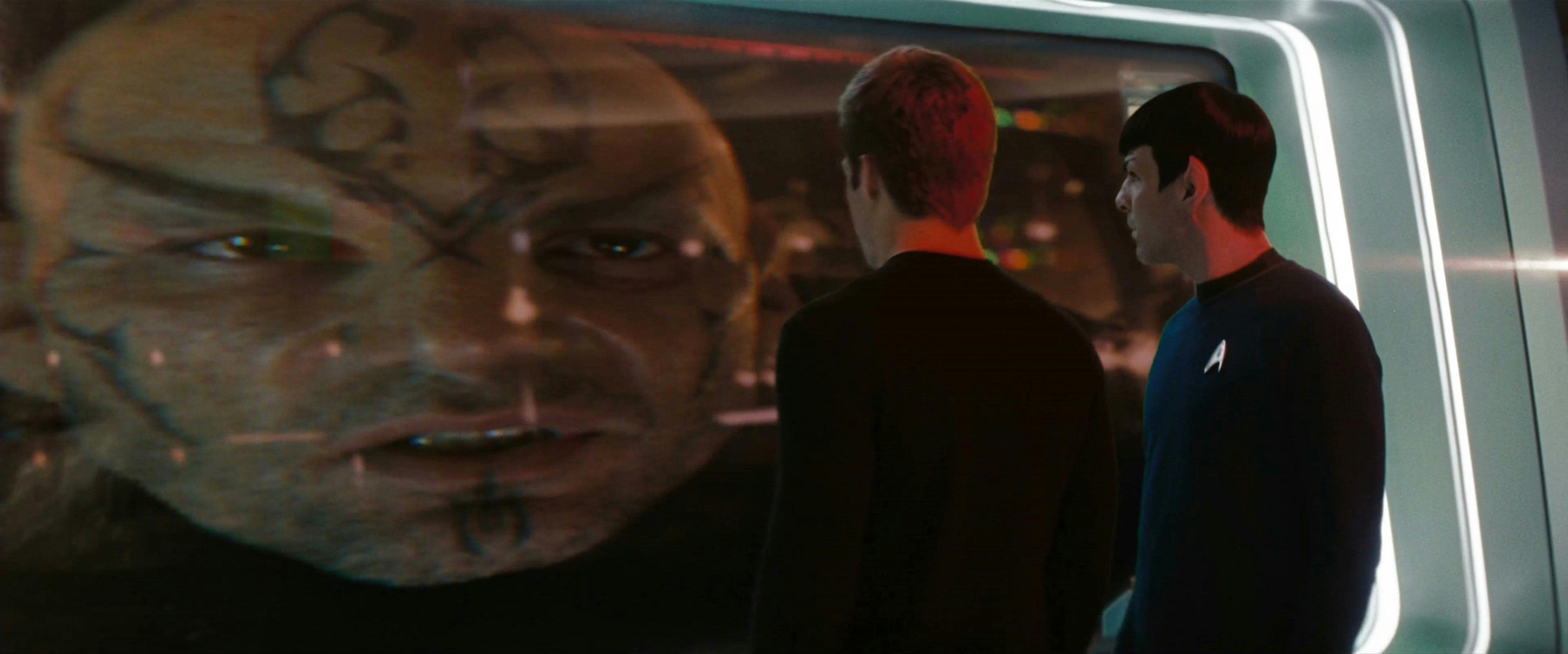 Kirk and Spock of the Kelvin timeline view Nero on the Enterprise's viewscreen in Star Trek (2009)