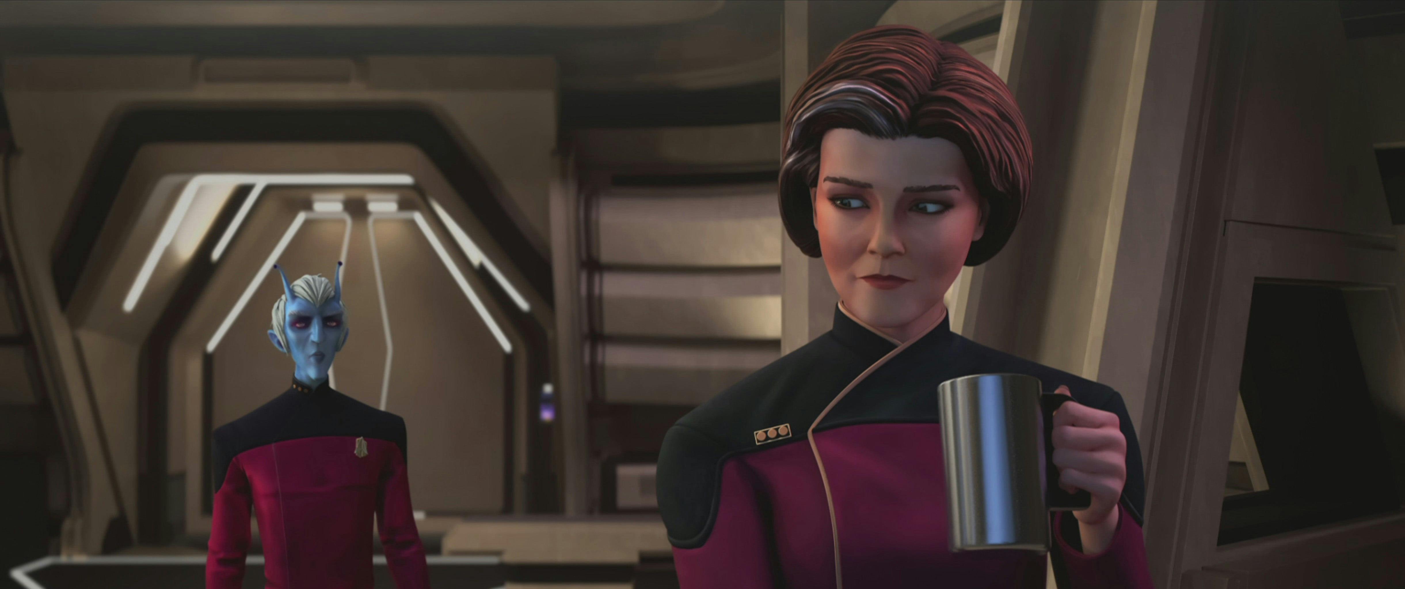 Janeway, holding a mug, speaks with Commander Tysess