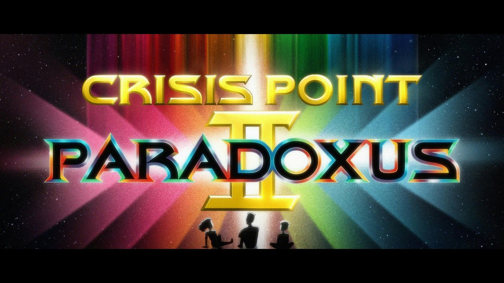 The title card for Crisis Point 2: Paradoxus. The outlines of Mariner, Rutherford, and Tendi are sitting watching it.