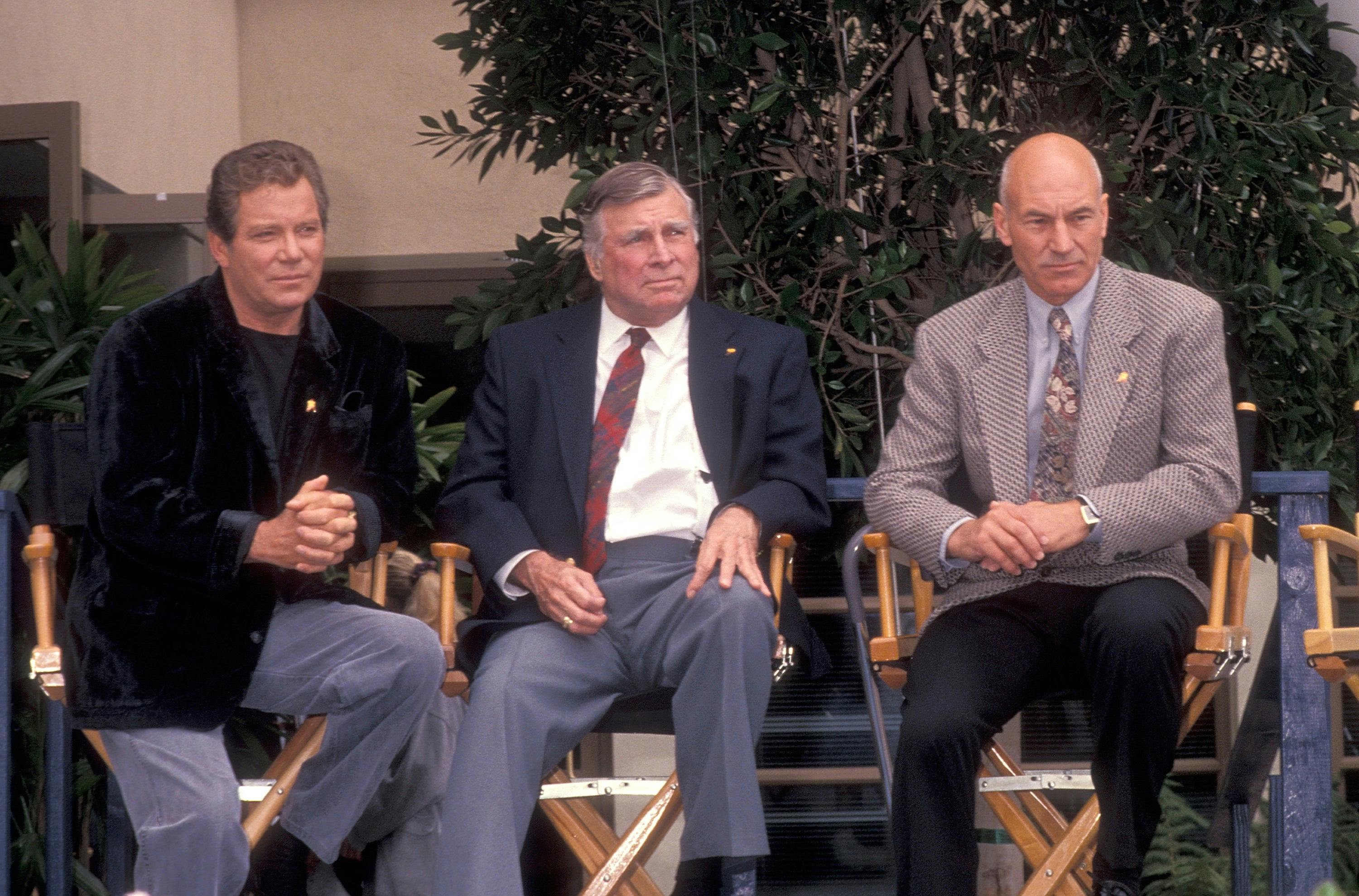 Actor William Shatner, producer Gene Roddenberry and actor Patrick Stewart attend the 