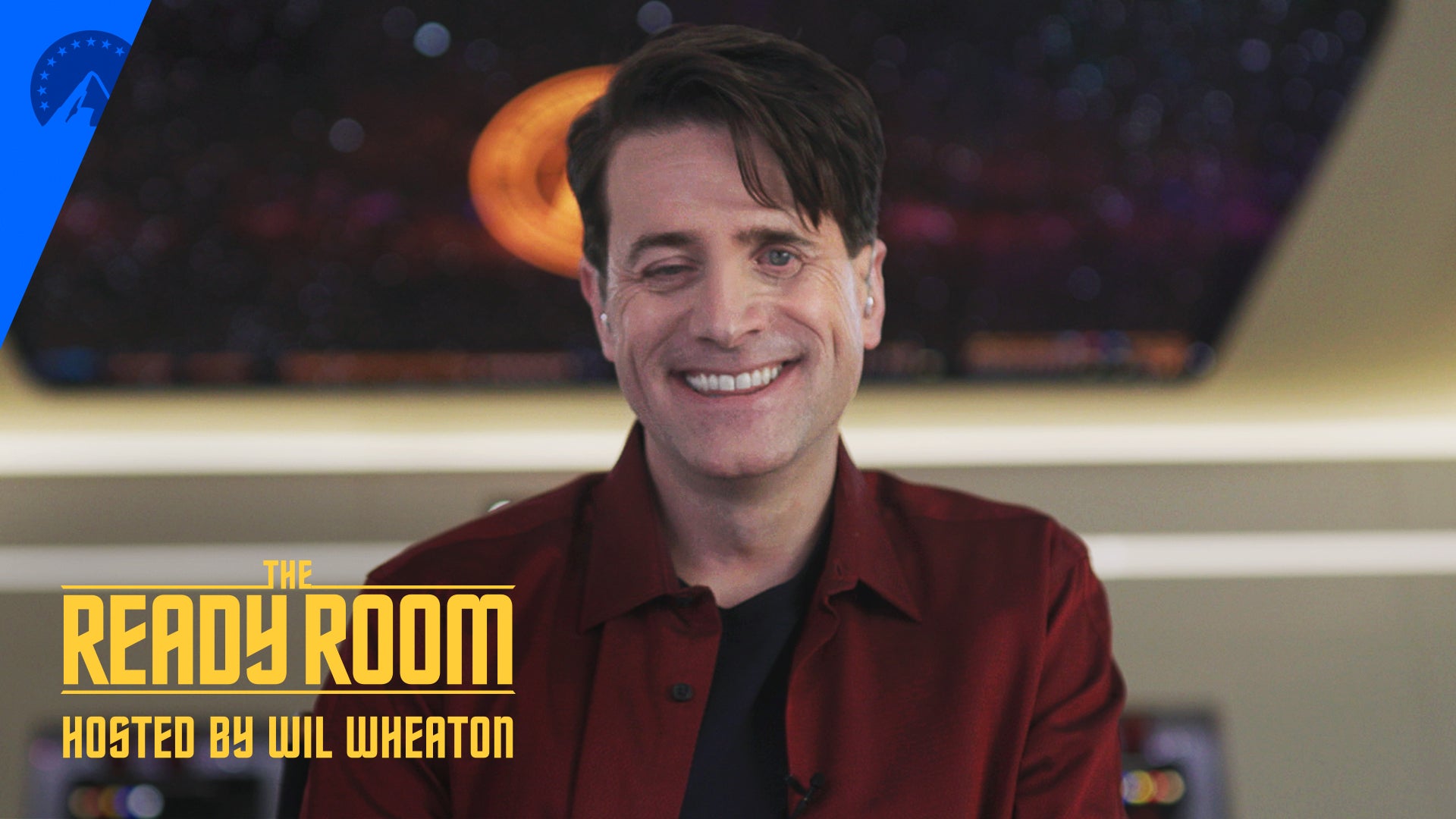 Actor Bruce Horak, who plays Hemmer on Star Trek: Strange New Worlds, smiles while visiting The Ready Room.