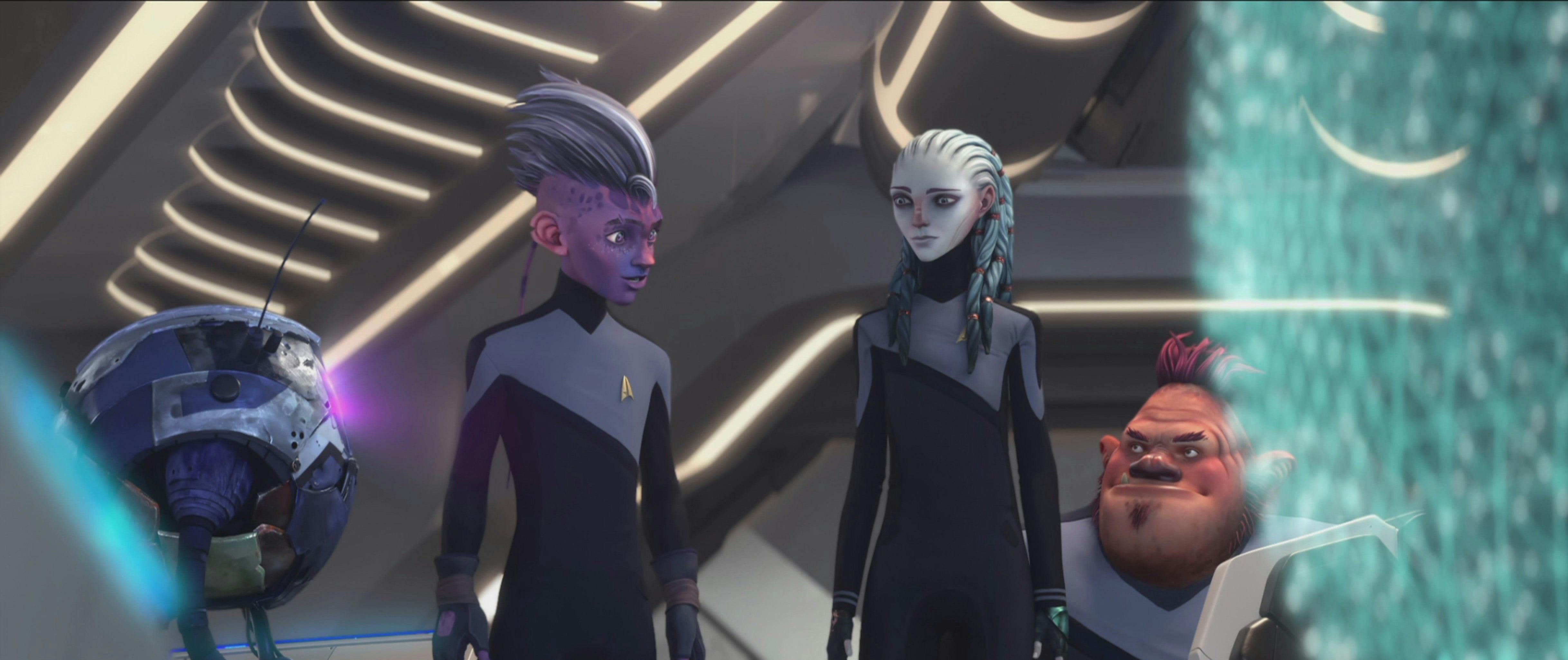 Zero looks over at Dal, Gwyn, and Jankom Pog in their Starfleet uniforms on Star Trek: Prodigy