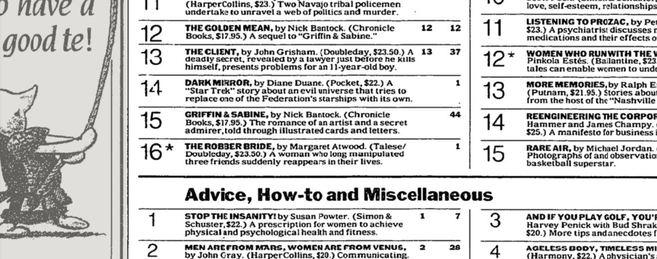 The New York Times Bestseller list from November 28, 1993, featuring the Star Trek novel Dark Mirror