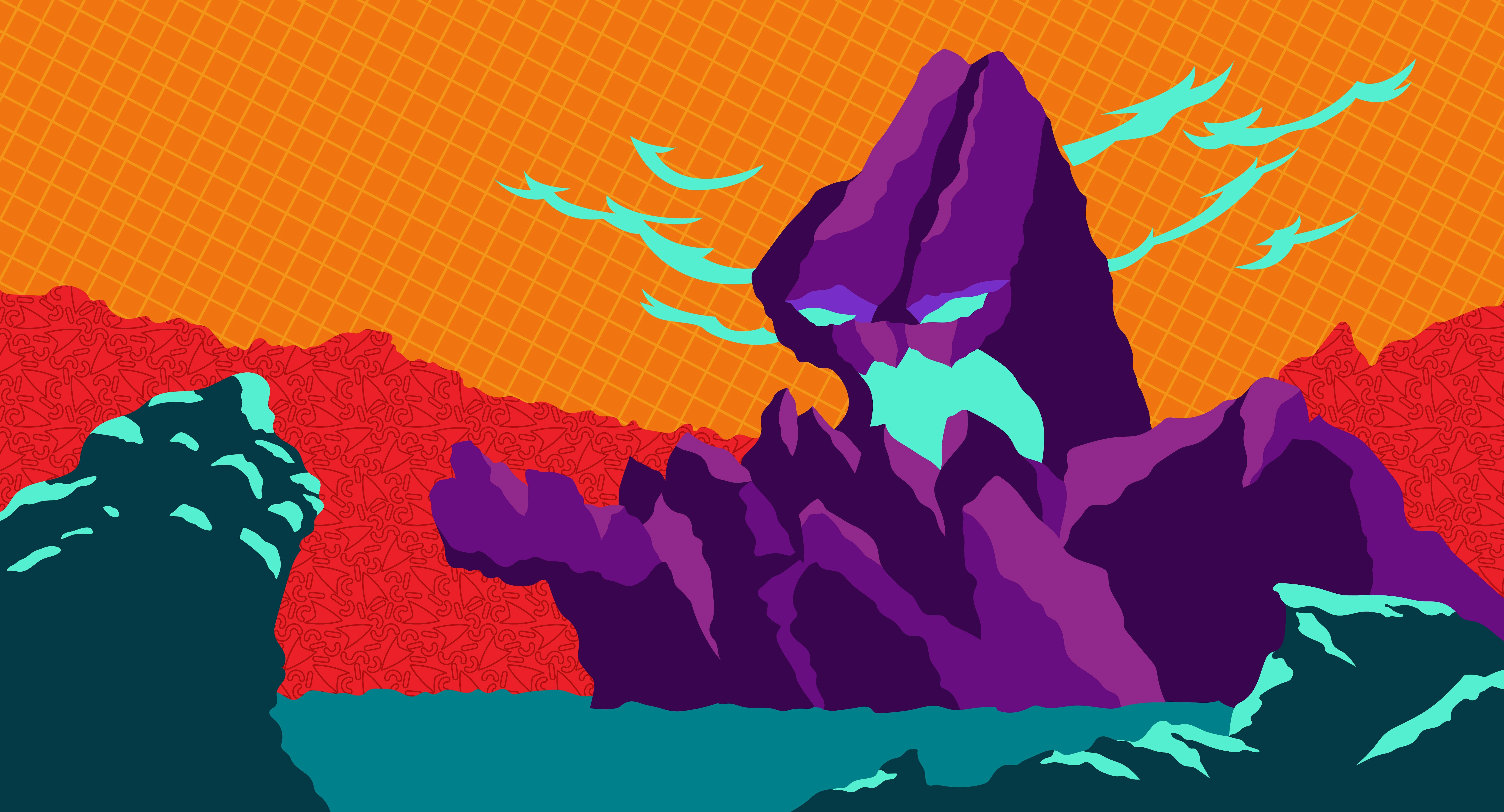 A purple rock monster against an orange and red background.