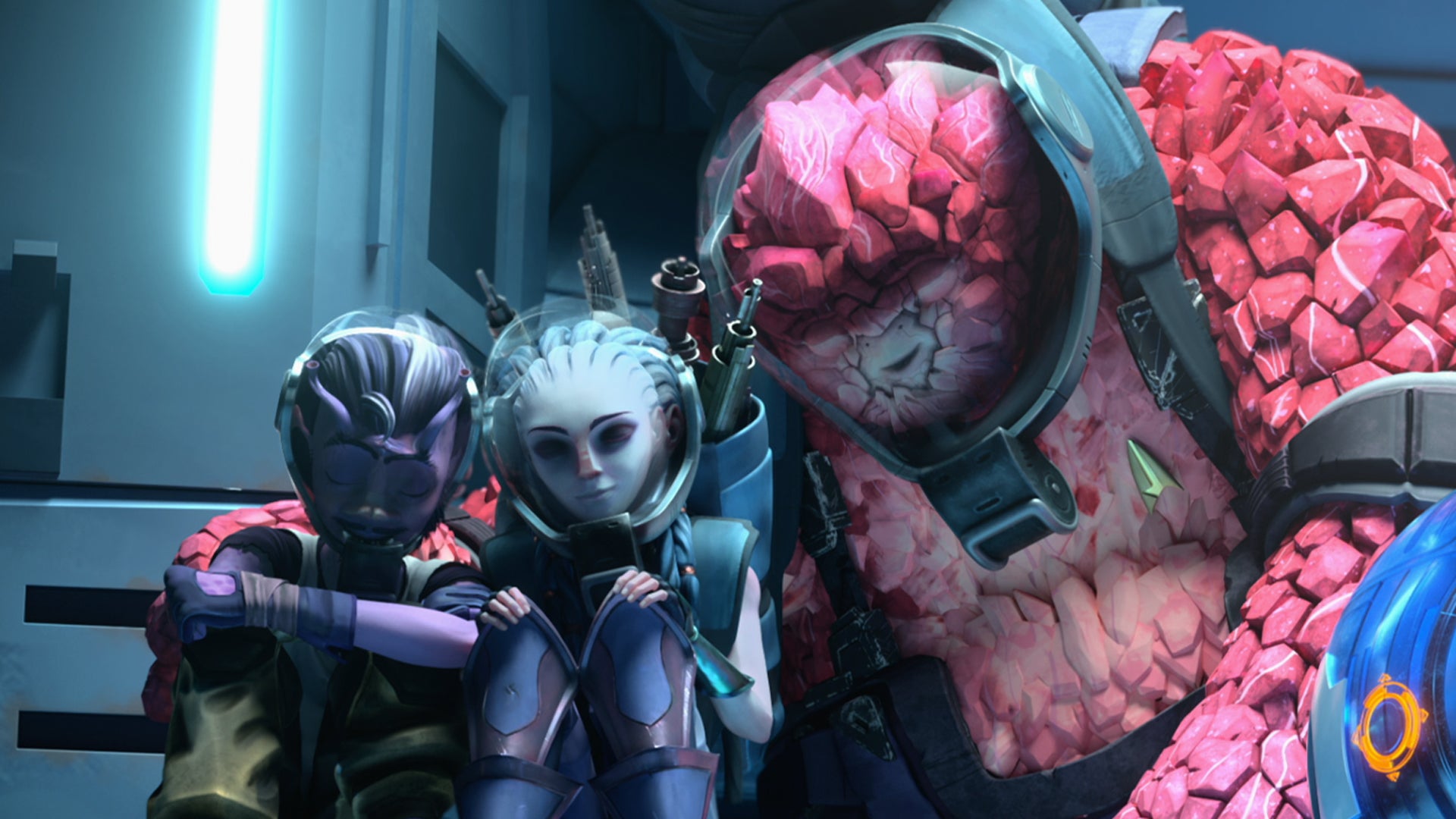 Content, Dal, Gwyn, and Rok-Tahk huddle close to each other on Star Trek: Prodigy