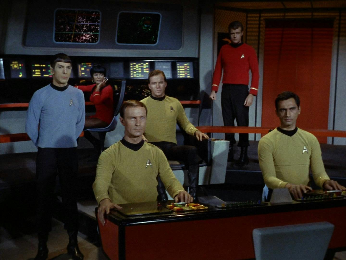 Opening shot of Space Seed with the Enterprise Bridge crew and Kirk in the Captain's chair
