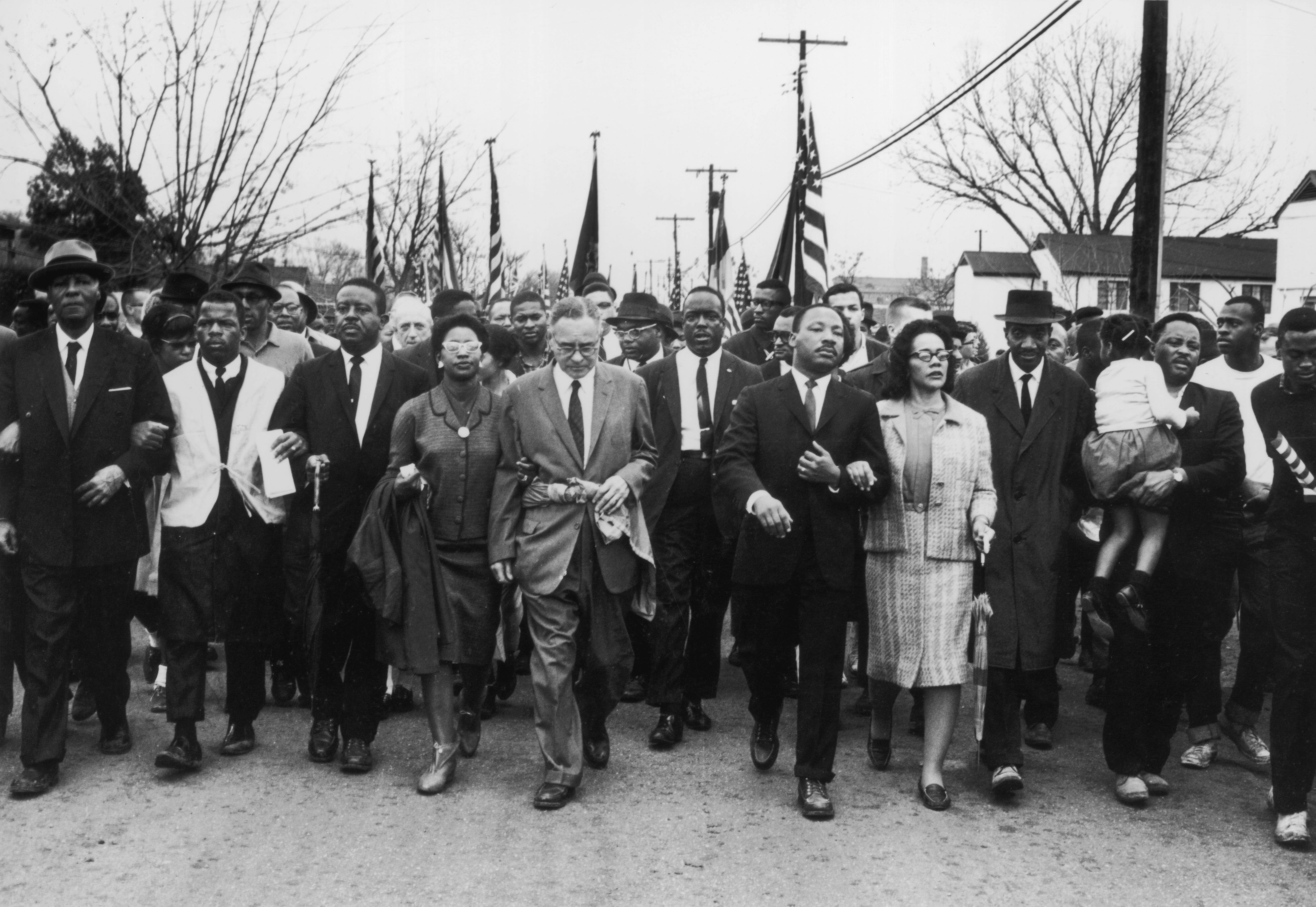 Martin Luther King Jr shown marching from Selma to Montgomery in 1965.