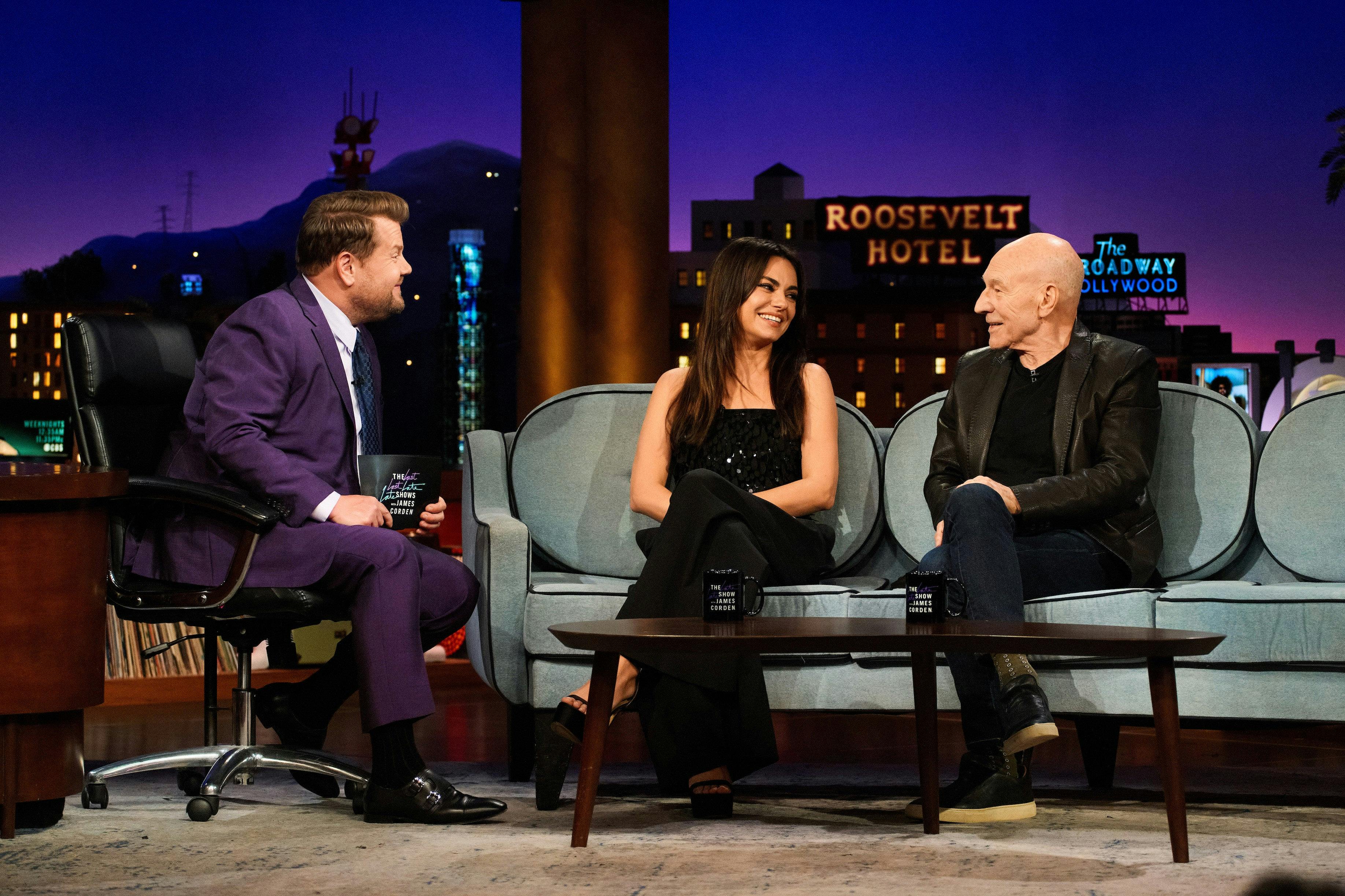 Patrick Stewart at The Late Late Show with James Corden with actress Mila Kunis