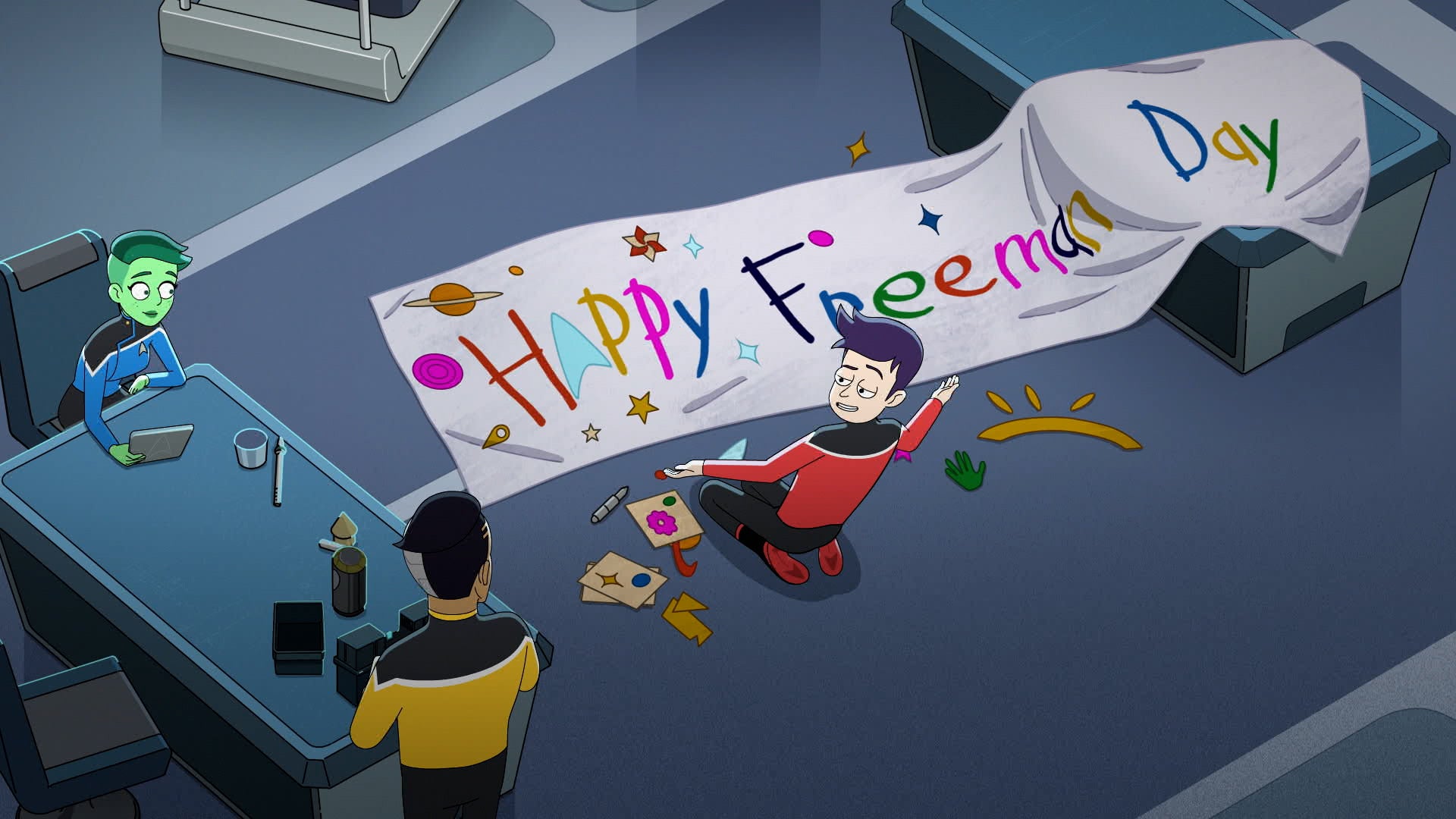 Ensign Boimler shows his Captain Freeman Day banner to Ensign Rutherford.