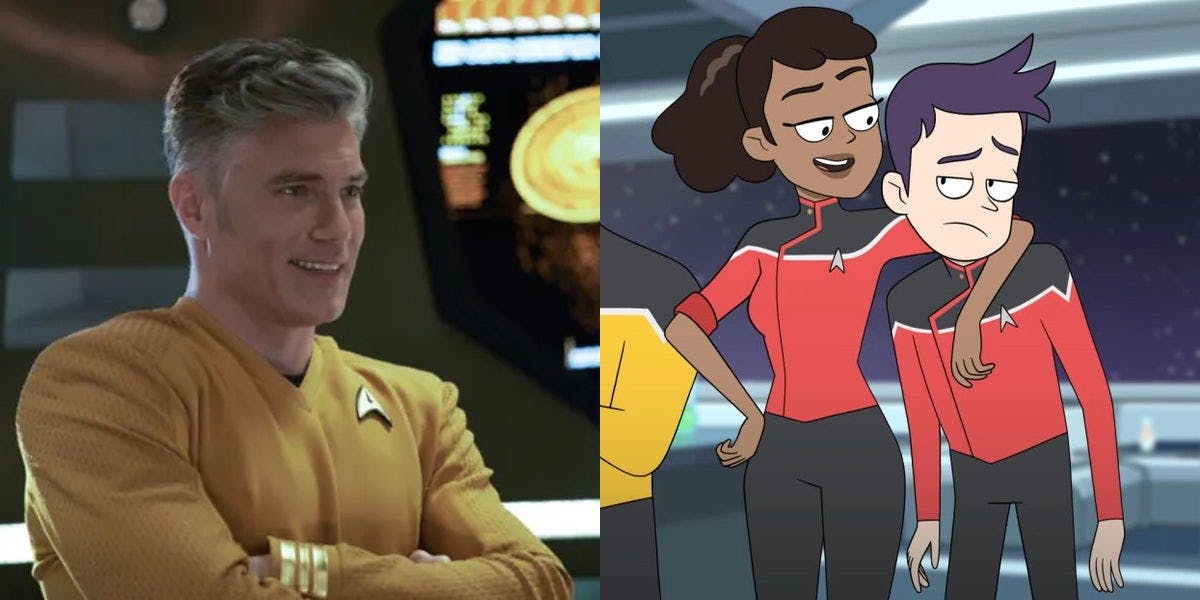 An image of Captain Pike (Anson Mount) smiling next to an image of Mariner and Boimler from Star Trek: Lower Decks.