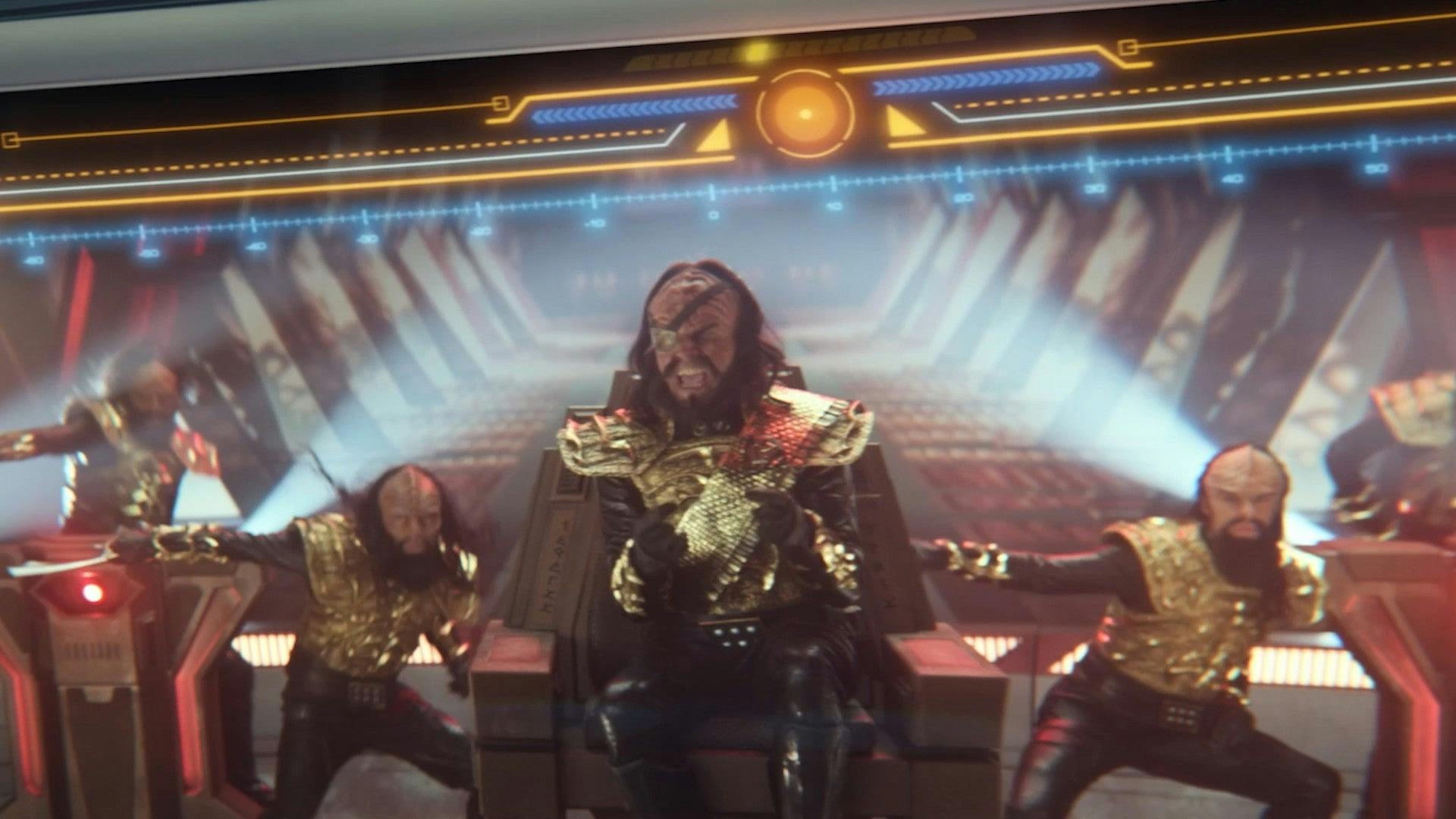 Garkog and his Klingon crew appear on the Enterprise's viewscreen as they are also affected by the subspace musical anomaly in 'Subspace Rhapsody'