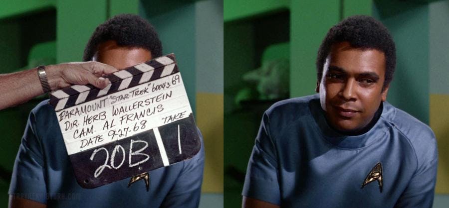 In a side-by-side composite, a clapboard for the production is placed in front of Booker Bradshaw along with an episodic still of Dr. M’Benga's first appearance