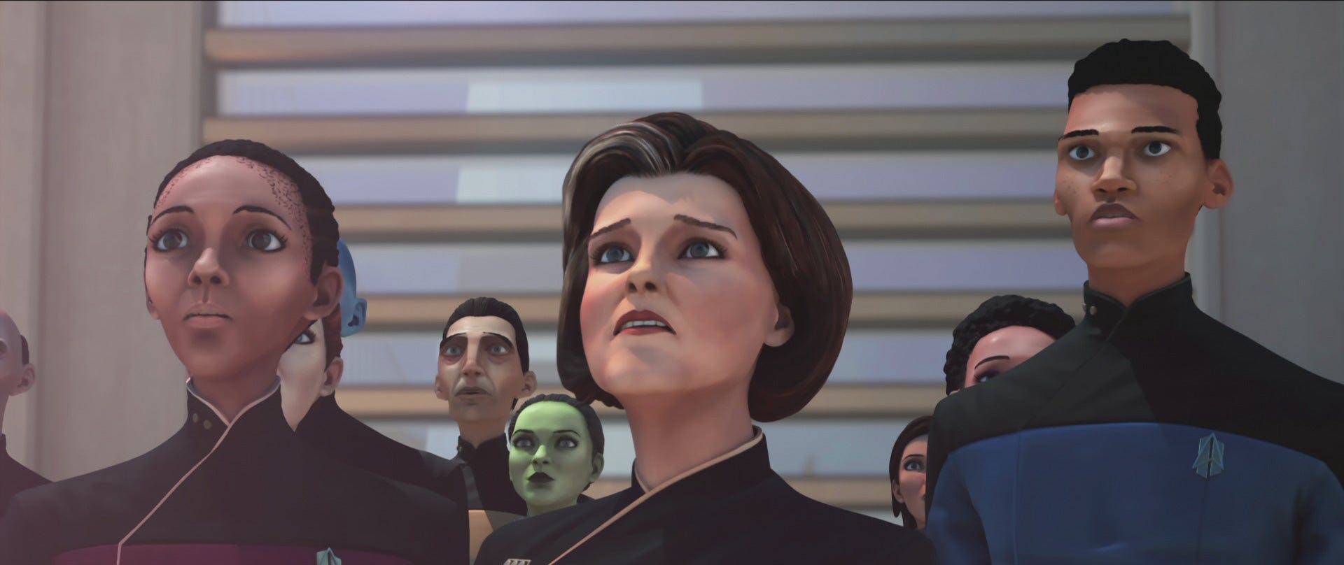Vice Admiral Janeway and other Starfleet officers look out and above on Star Trek: Prodigy