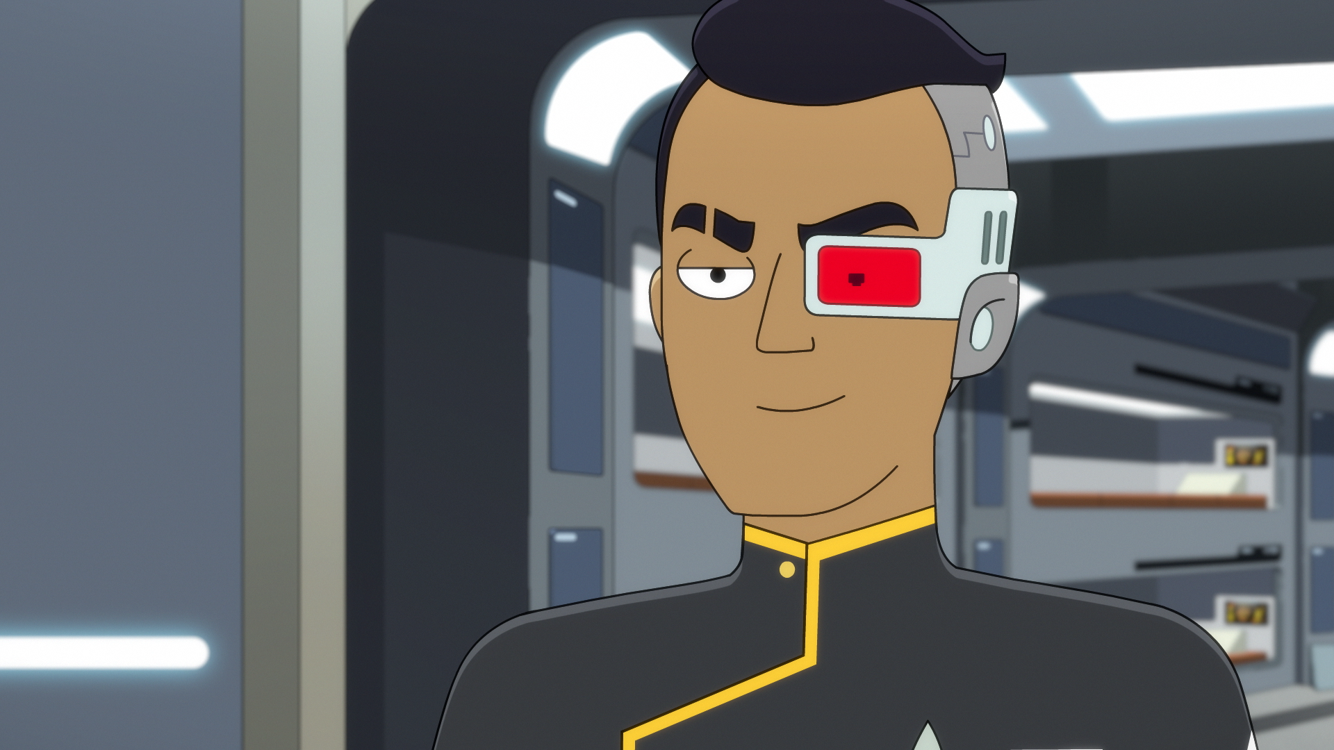 Red Rutherford looks at his reflection on a window of the Cerritos on Star Trek: Lower Decks