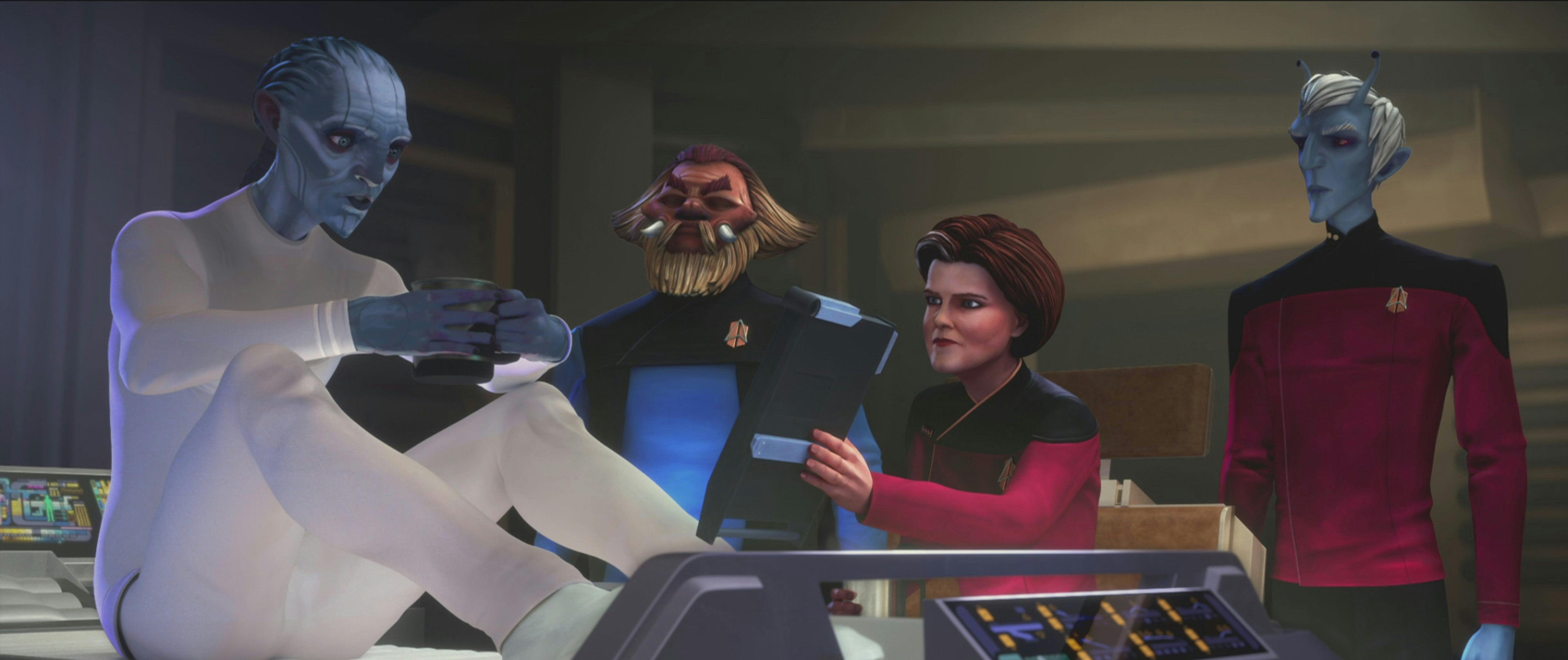 Admiral Janeway and her crew speak to the Diviner.