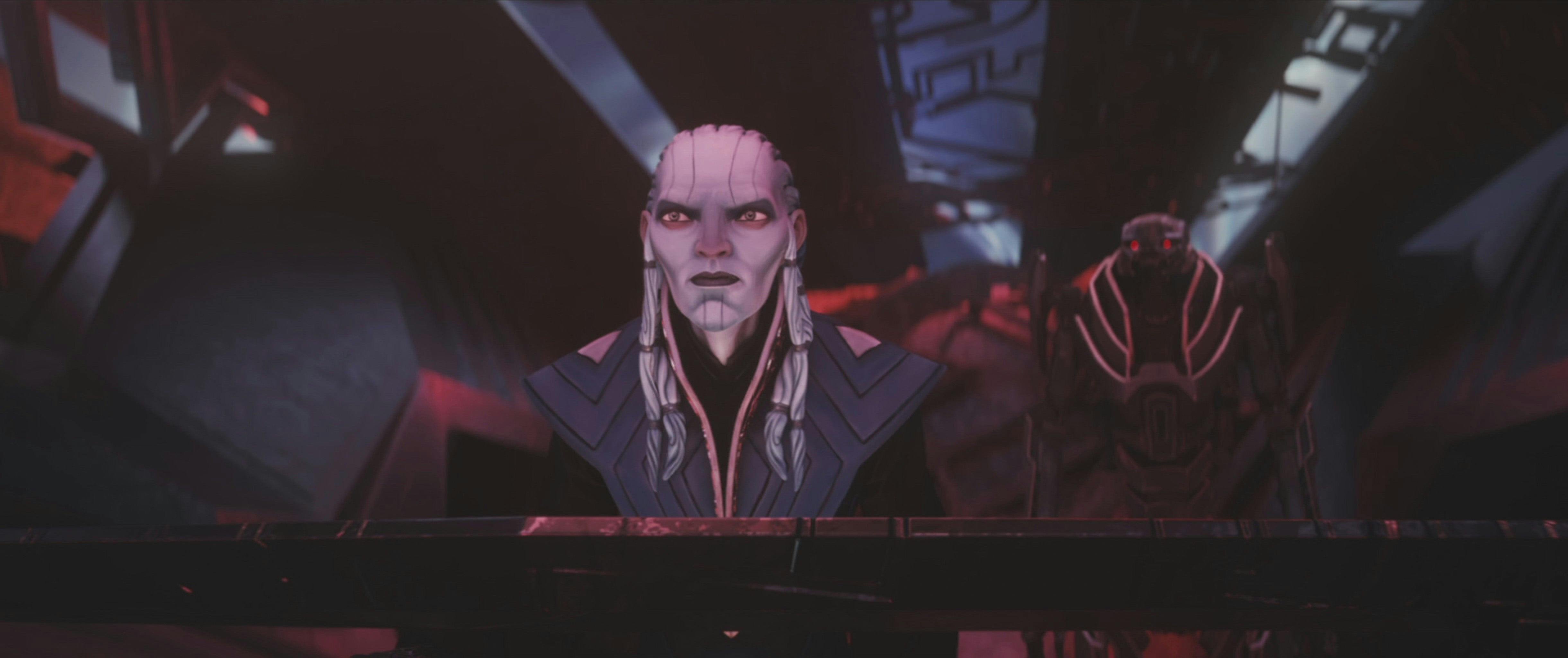 A younger Diviner in a shuttlecraft with Drednok behind him on Prodigy