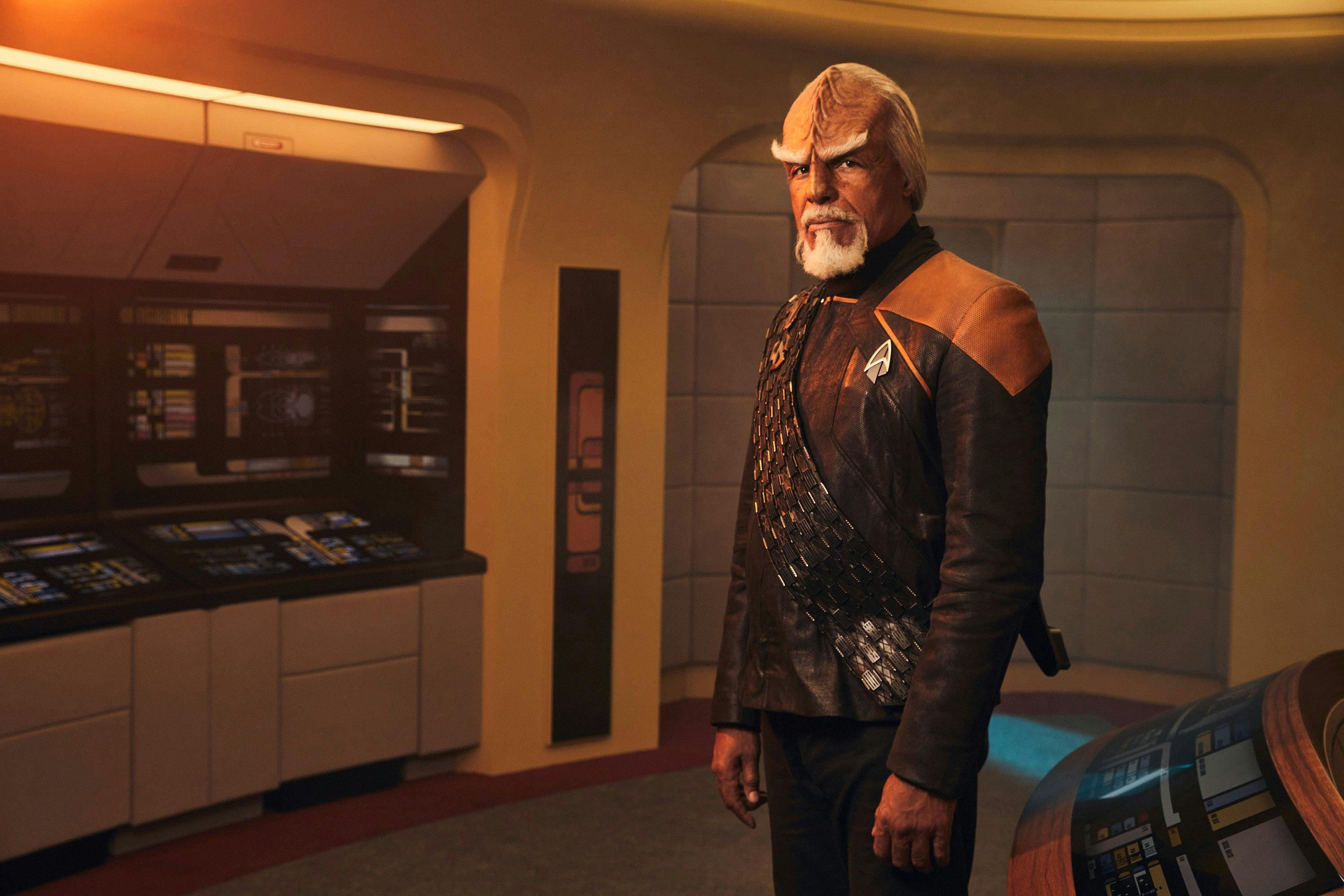 Worf stands on the bridge of the reconstructed Enterprise-D