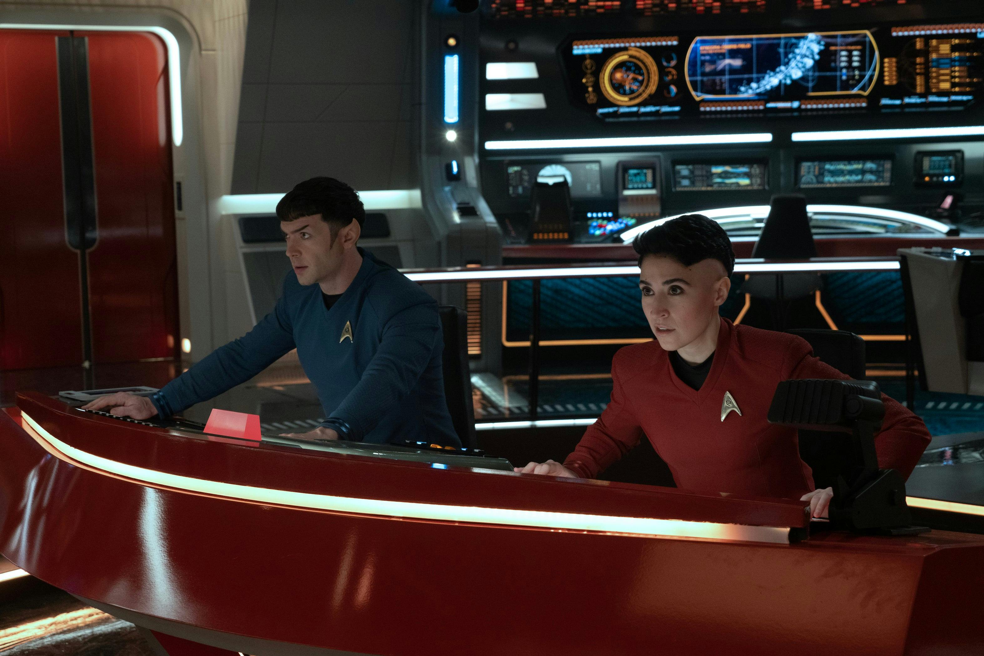 Spock and Erica Ortegas at the Enterprise console in 'Among the Lotus Eaters'