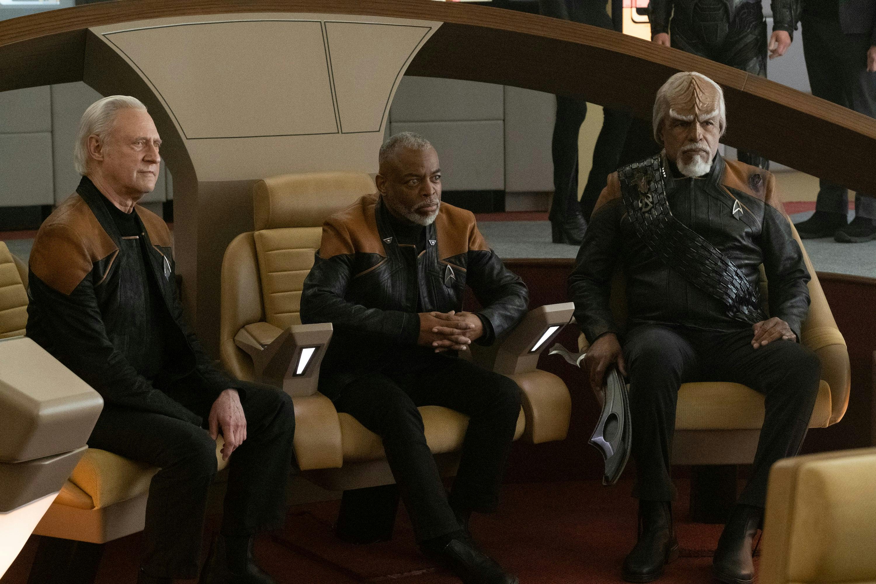 On the Enterprise-D, Data, Geordi La Forge, and a sleeping Worf sit at command in 'The Last Generation'