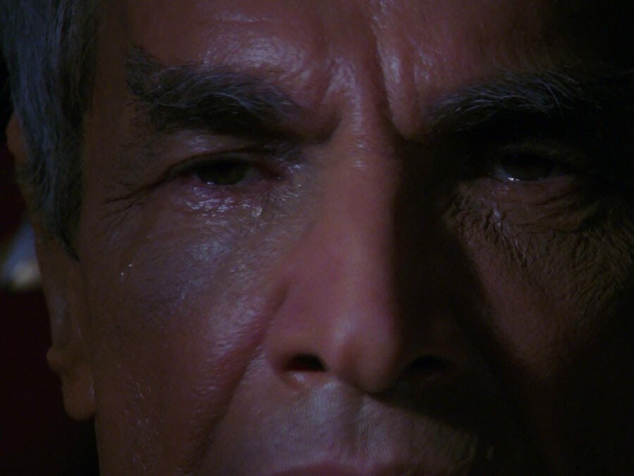 Close-up of Sarek's face as he is overcome with emotion and cries in 'Sarek'
