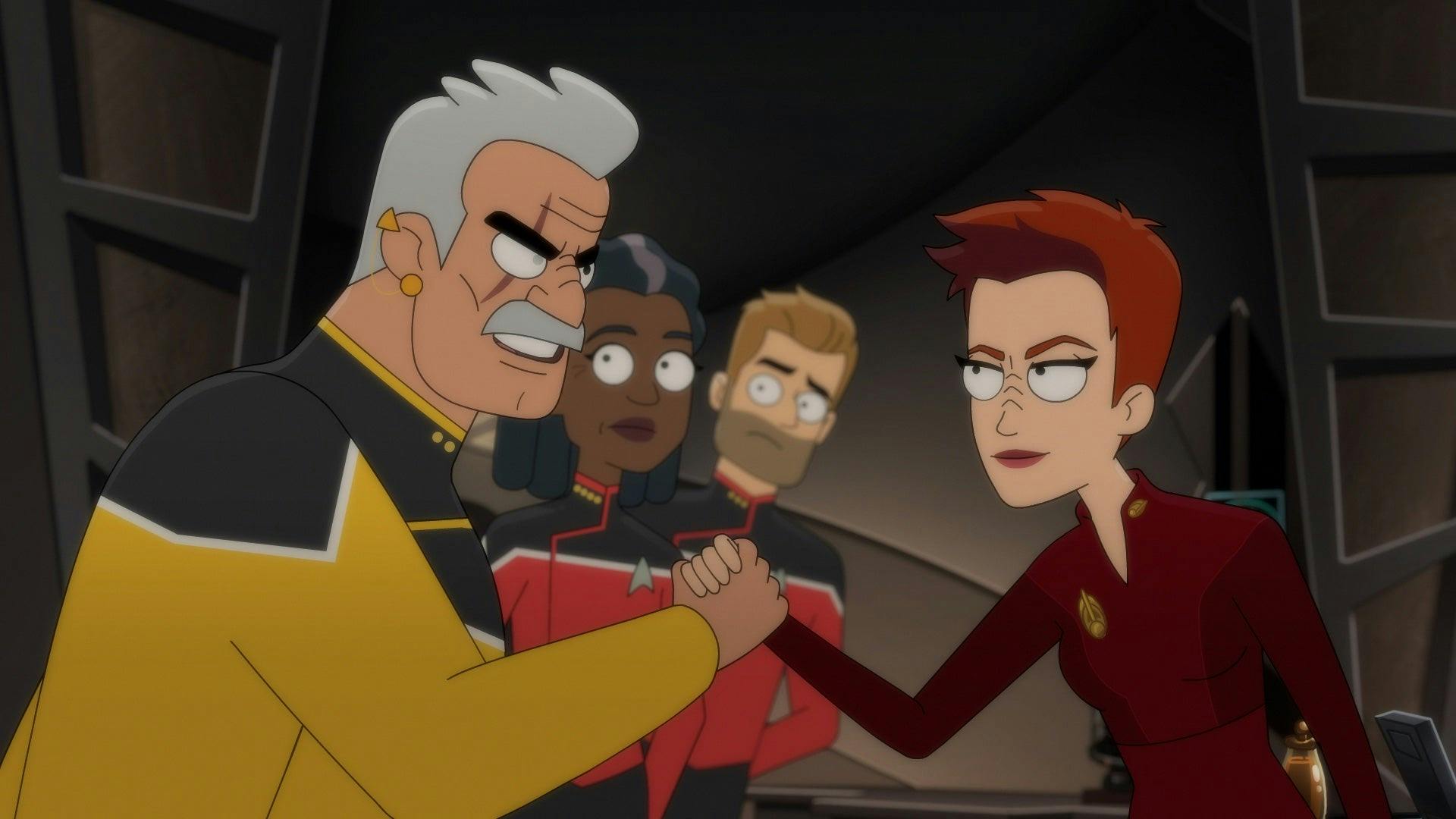 Lt. Shaxs and Kira clasp hands as Captain Freeman and Commander Ransom look on.