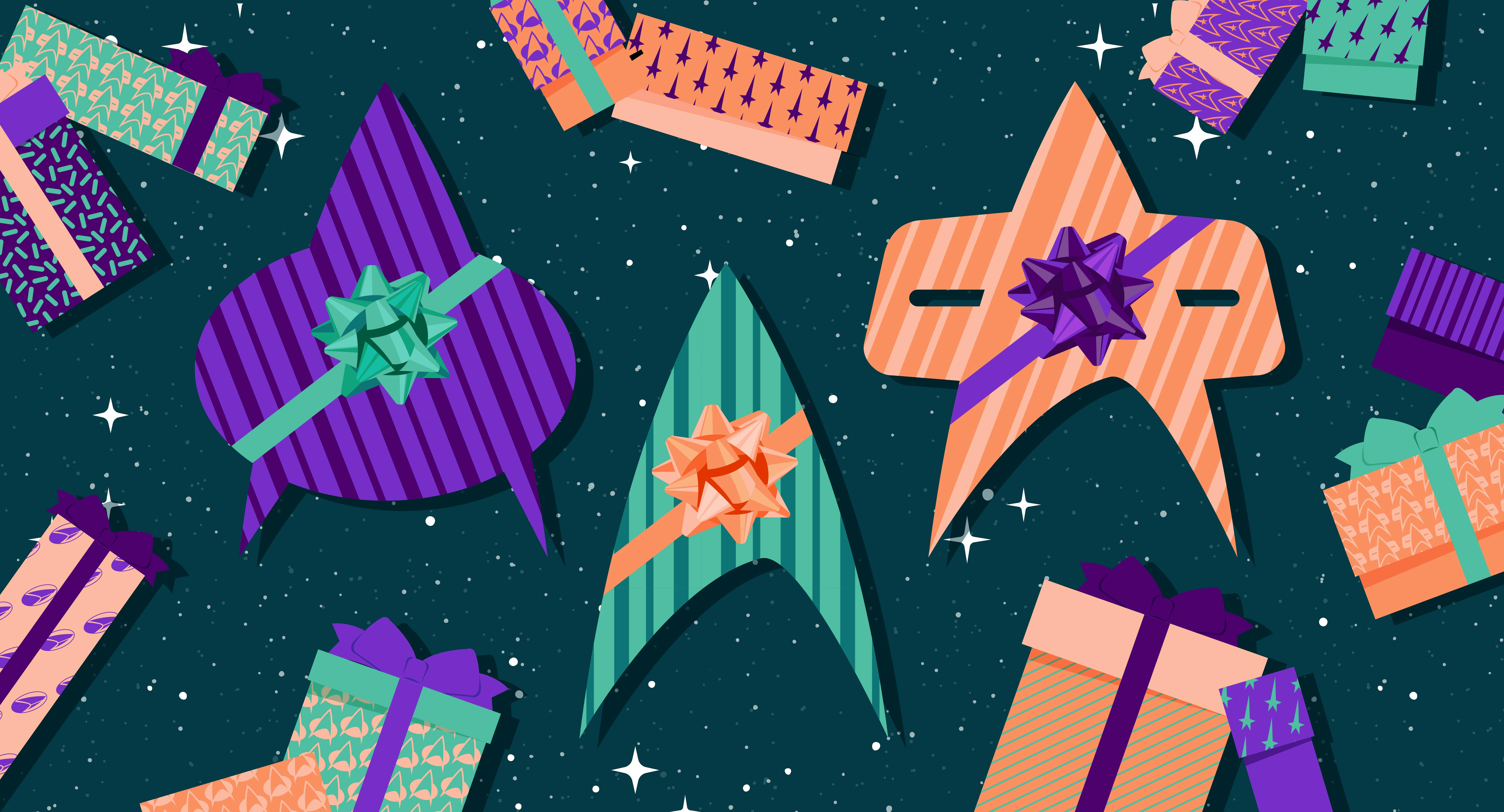Illustrated banner of Star Trek deltas as wrapped presents