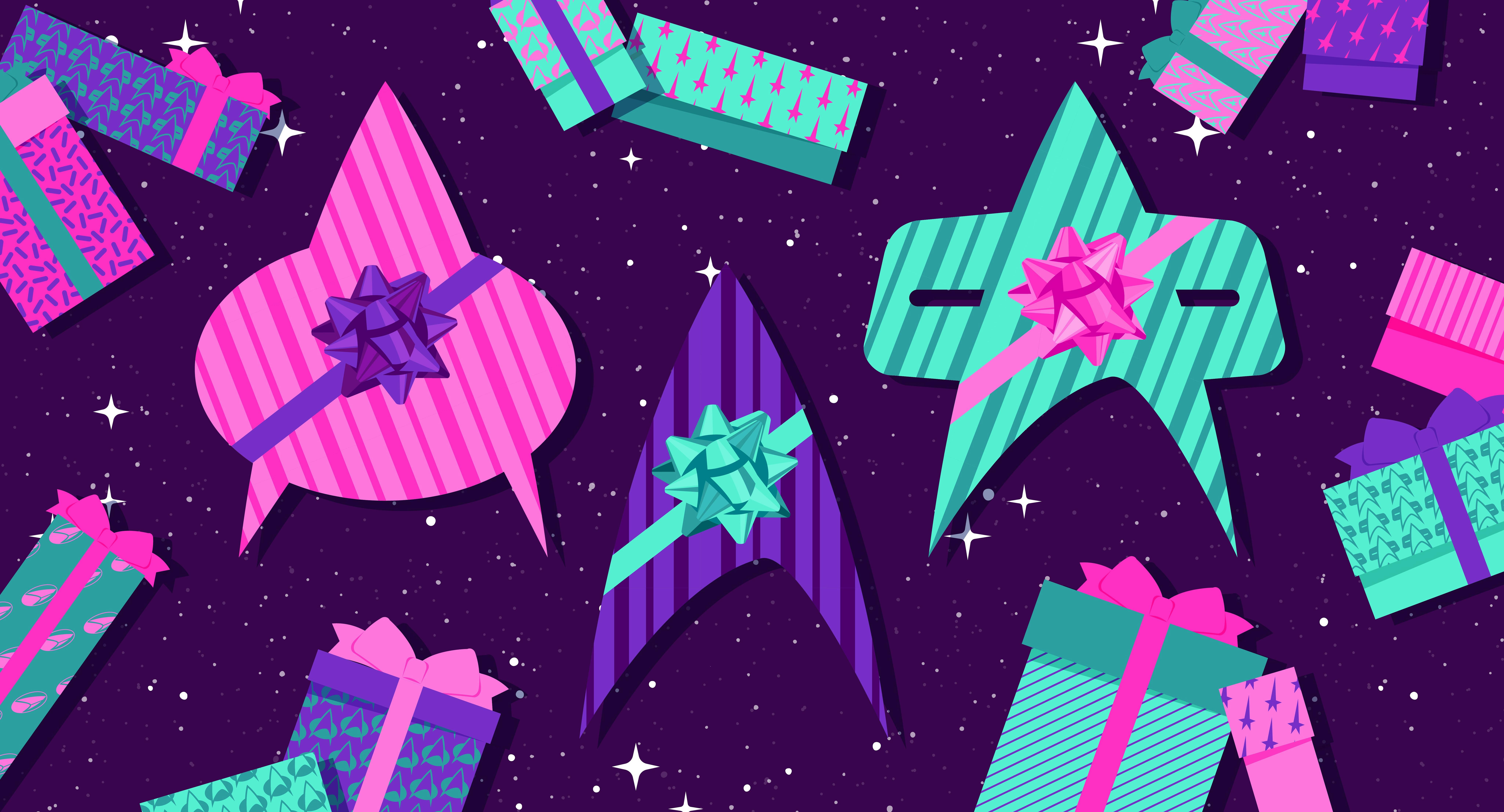 Illustrated banner of holiday-themed Star Trek iconography like the delta shaped like a present