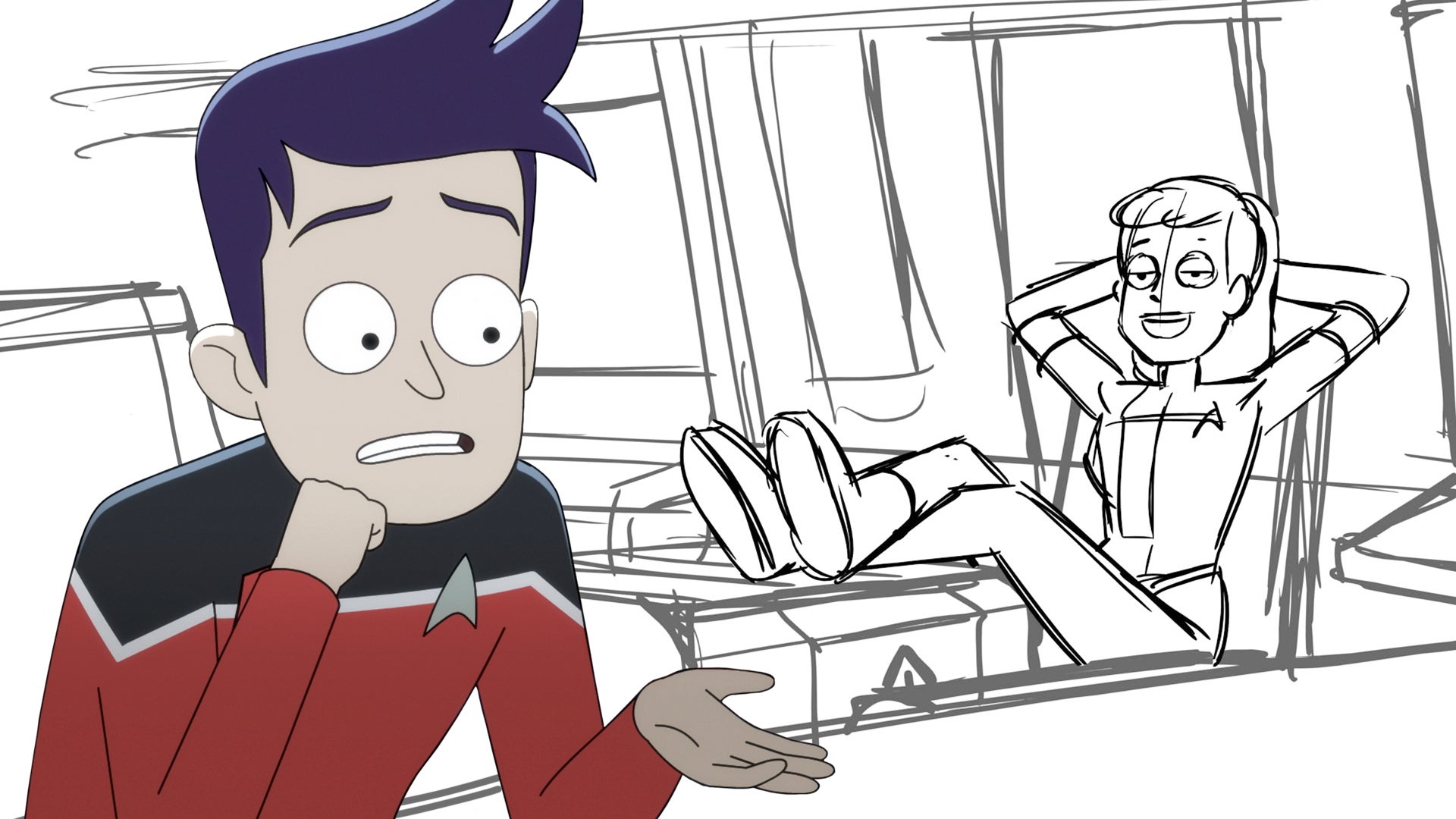 A fully-rendered Boimler talks with a sketch of Mainer in this still from the animatic for Star Trek: Lower Decks season two, episode seven.
