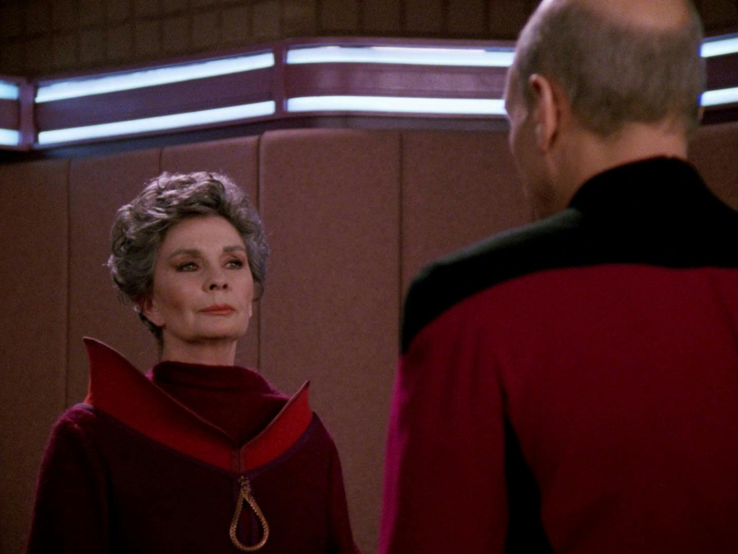 Rear Admiral Norah Satie (Jean Simmons) and Captain Picard, “The Drumhead”