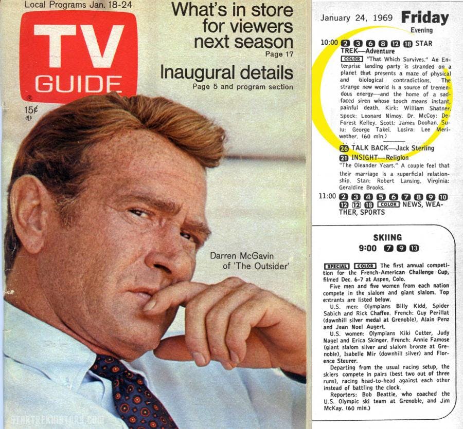 'That Which Survives' was The Original Series 72nd broadcast episode and originally aired on January 24, 1969. The episode listing was featured in the Jan. 18-24 issue of TV Guide