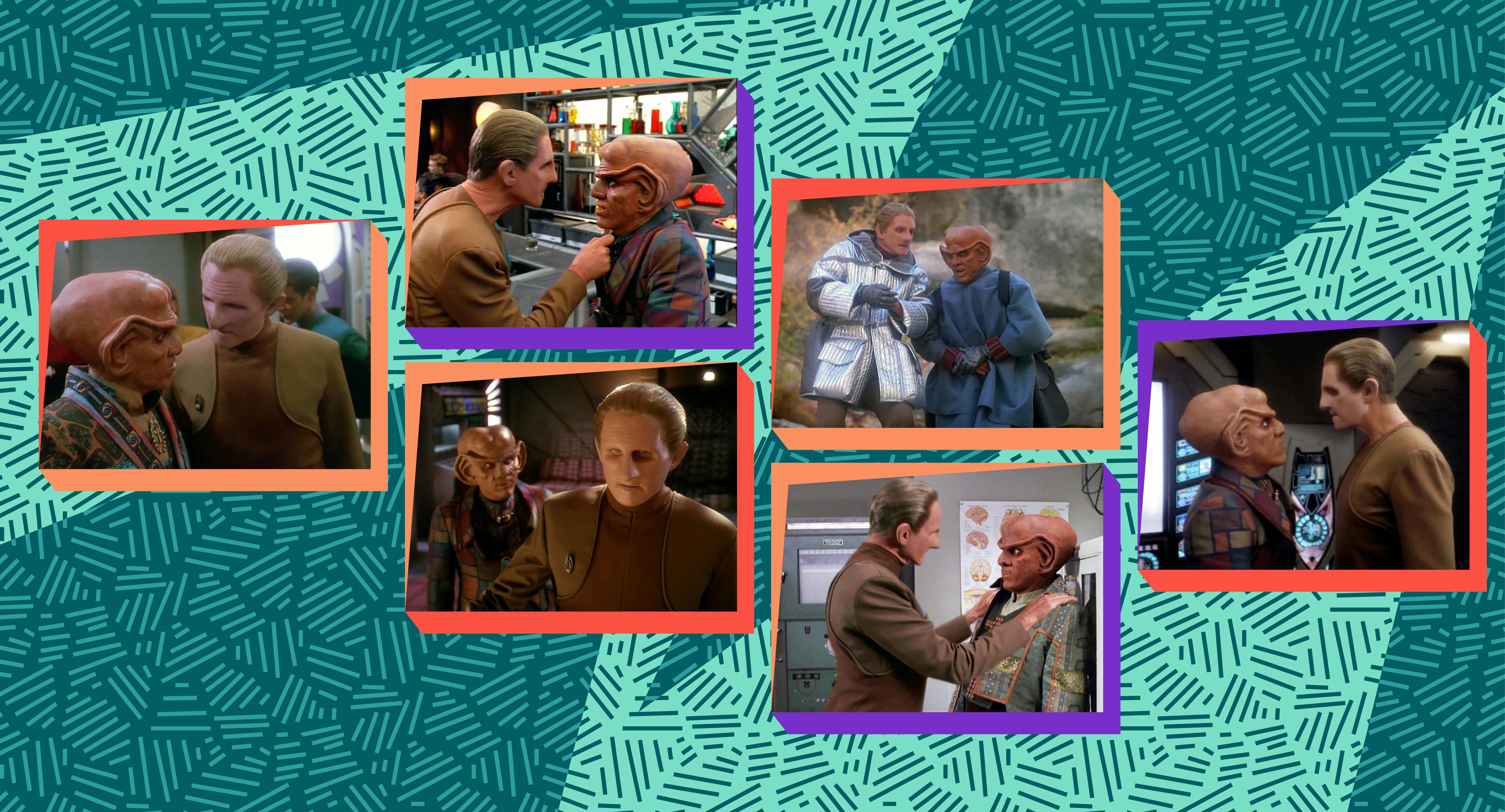 Illustrated banner featuring 6 stills of Odo and Quark from Star Trek: Deep Space Nine